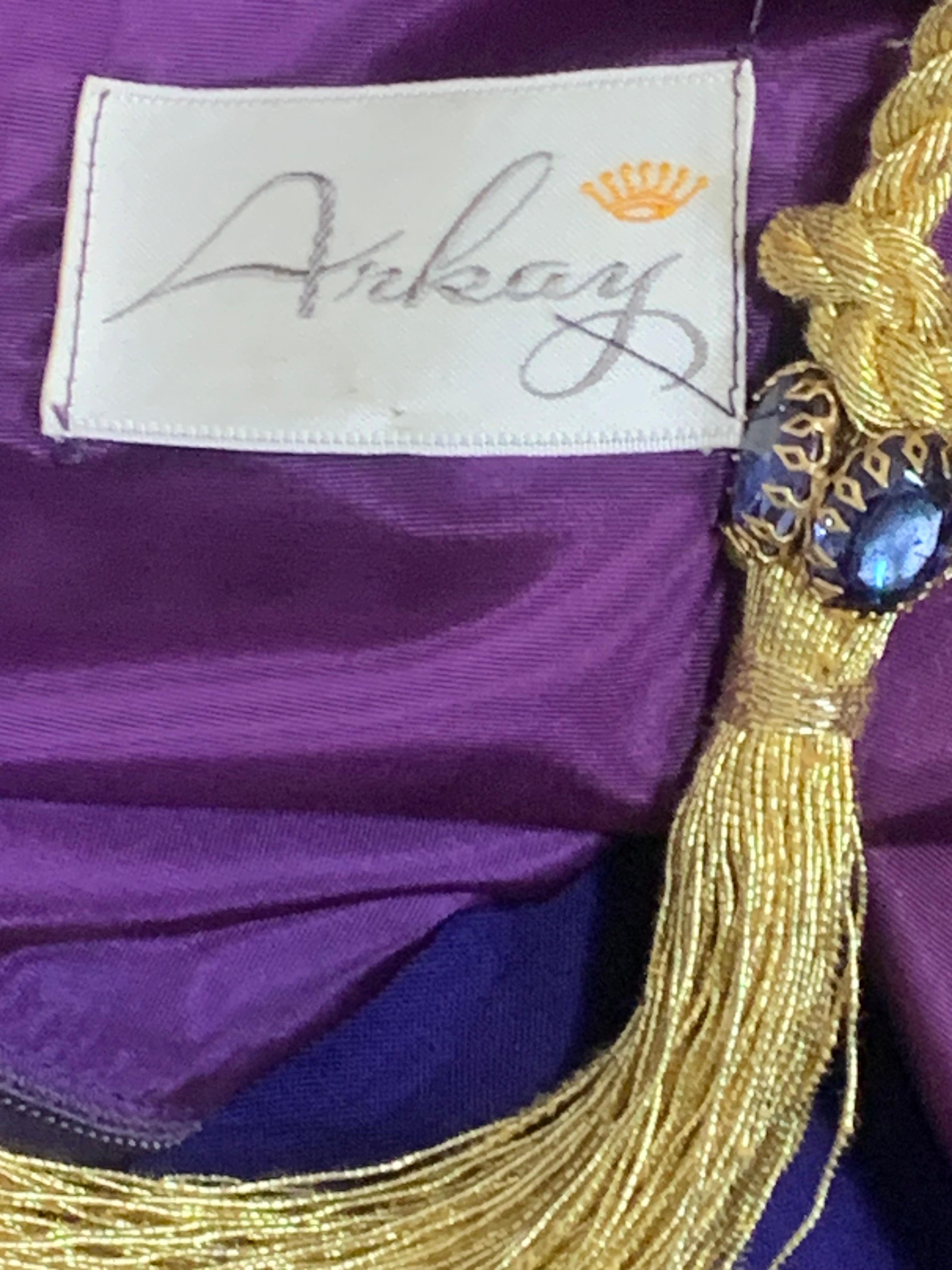 1960s Arkay Purple & Gold Lame Sharkskin Moroccan Inspired Embroidered Maxi For Sale 10