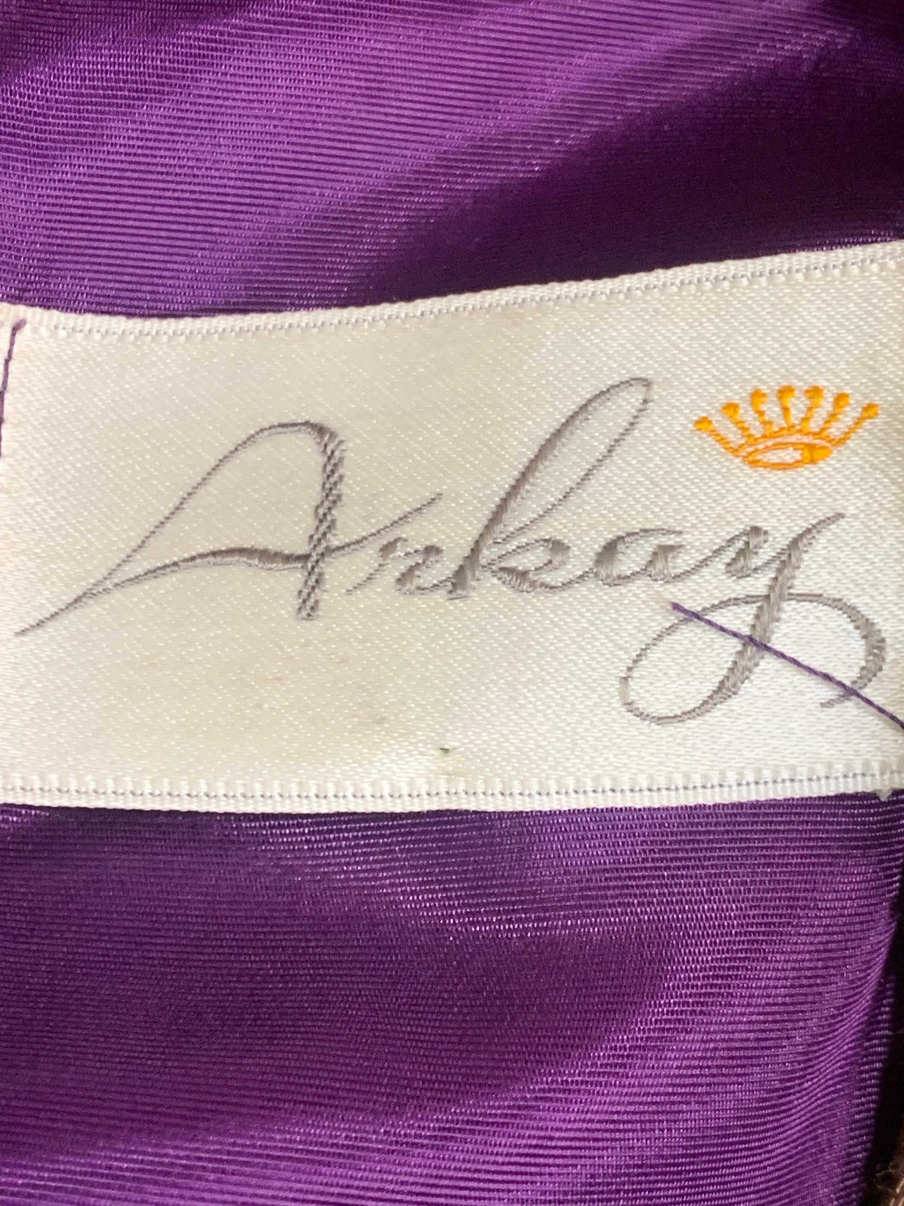 1960s Arkay Purple & Gold Lame Sharkskin Moroccan Inspired Embroidered Maxi For Sale 11
