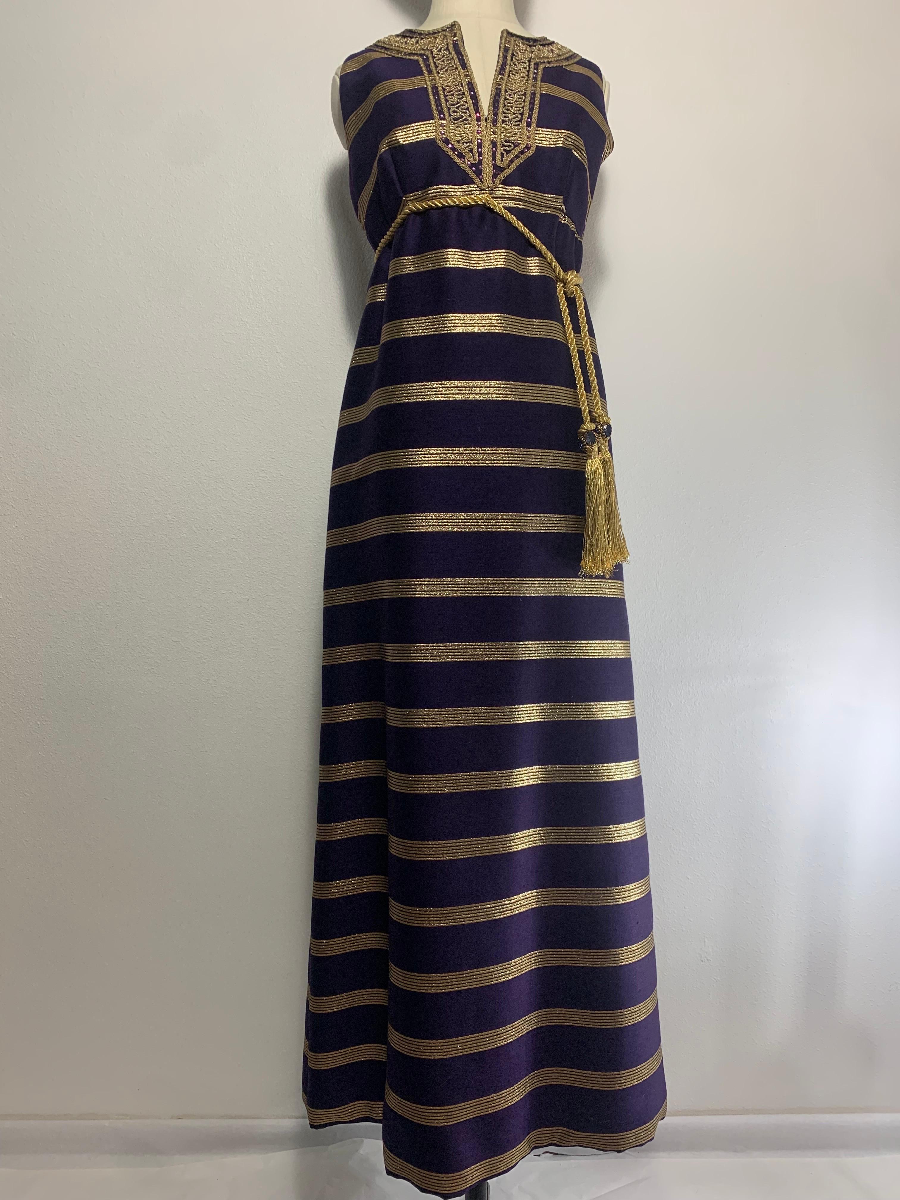 Black 1960s Arkay Purple & Gold Lame Sharkskin Moroccan Inspired Embroidered Maxi For Sale