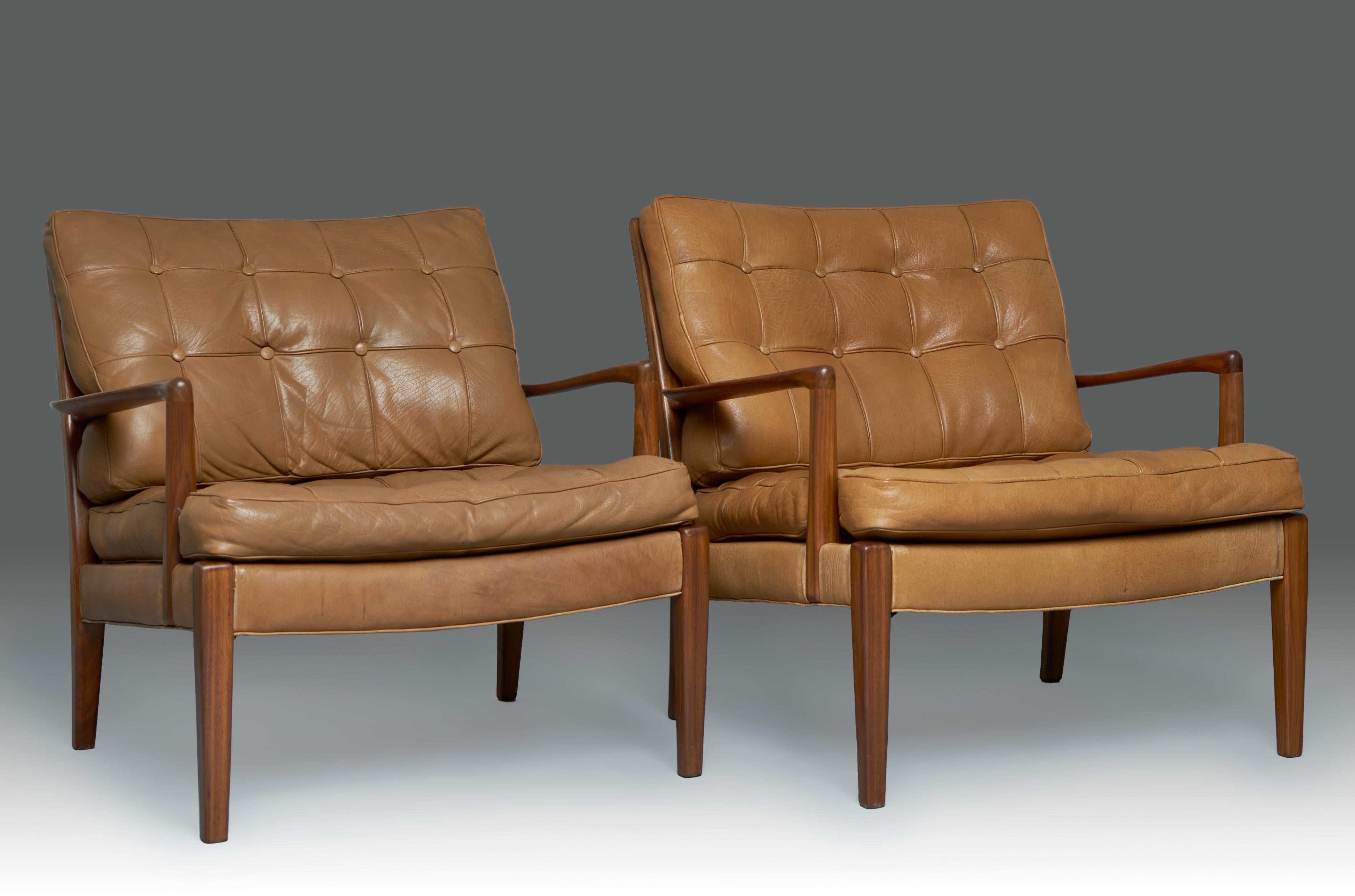 Arne Norell ‘’Löven’’ armchairs in walnut and leather. Restored wood and original leather with patina. Sweden 1960’s 
EDIT: only one available. (don't hesitate in asking for more information)
Arne Norell was a Swedish designer founder of the