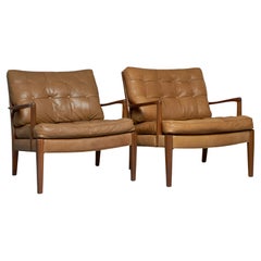 1960s, Arne Norell 'Löven'' Armchairs in Walnut and Leather