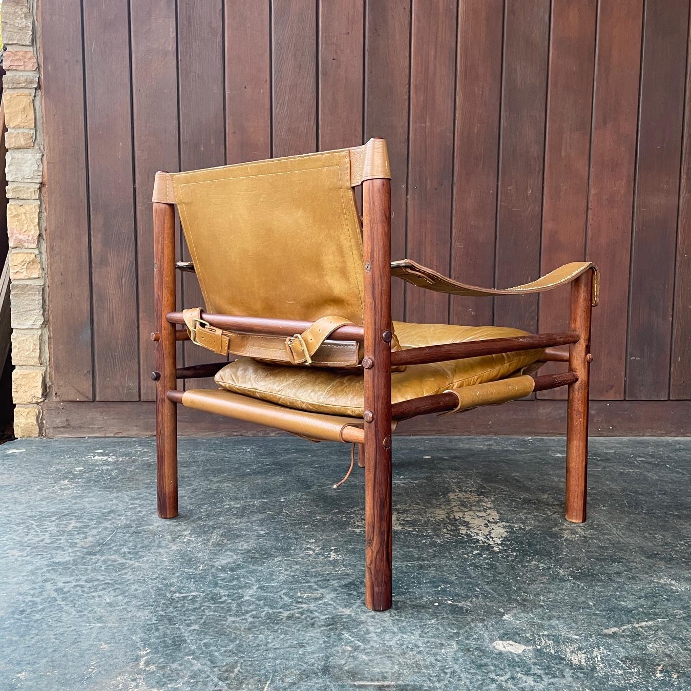 Hand-Crafted 1960s Arne Norell Rosewood Leather Sling Sirocco Safari Lounge Chair Mid-Century For Sale