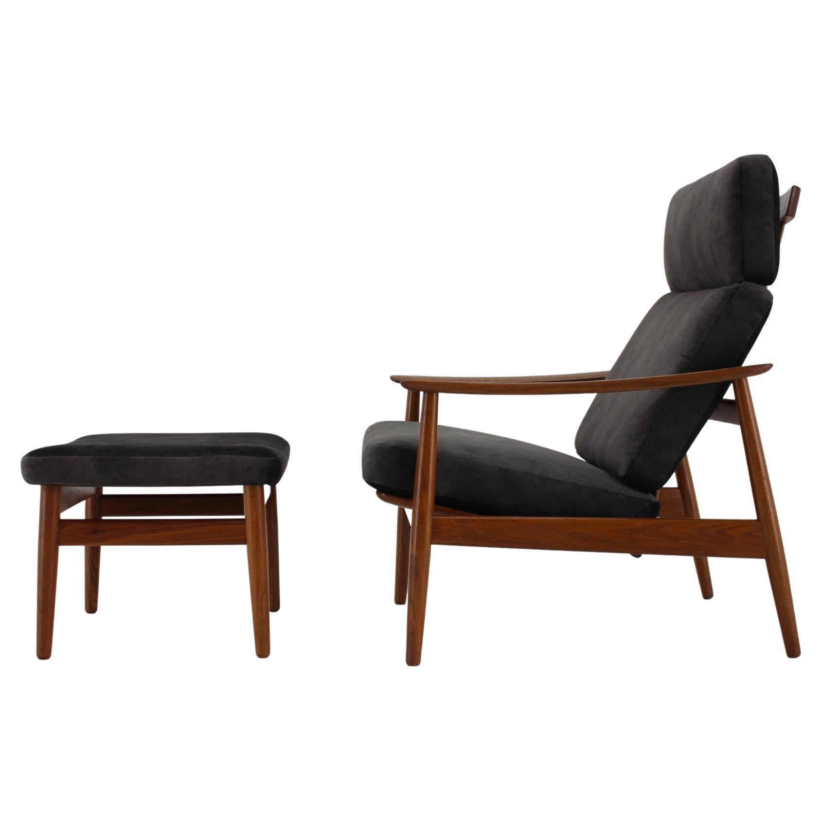 1960s Arne Vodder Fd-164 Reclining Lounge Chair and Stool for France and Son