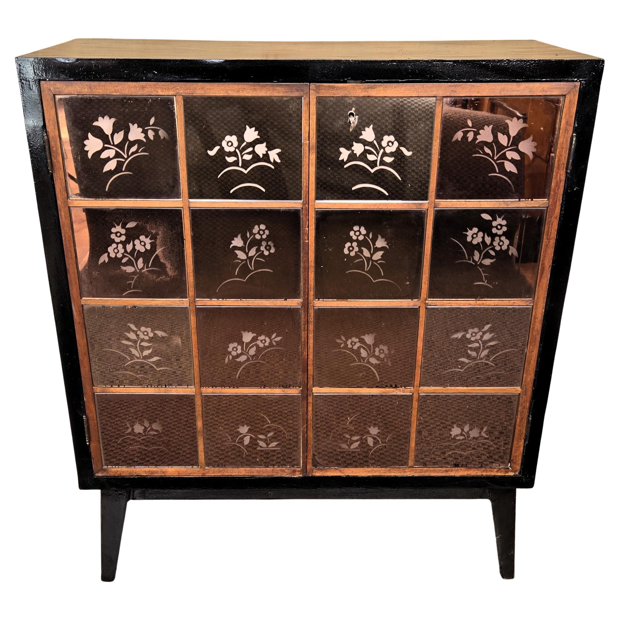 1960s Art Deco Mid-Century Italian Black Wood Pink Mirror Mosaic Dry Bar Cabinet