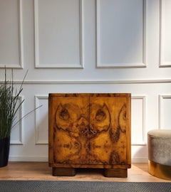 1960s Art Deco Midcentury Italian Burl Wood Mirror Glass Top Dry Bar Cabinet