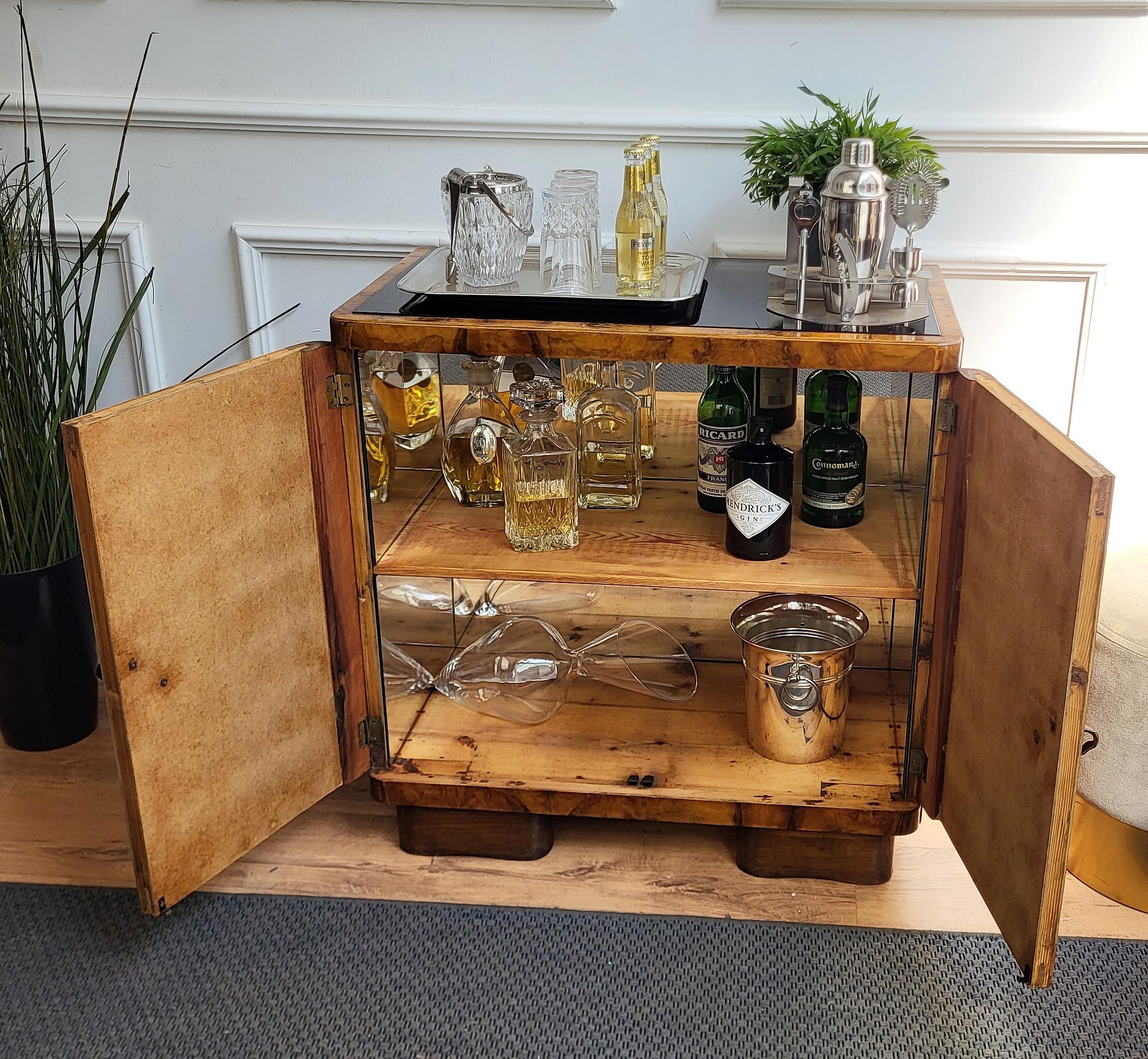 20th Century 1960s Art Deco Midcentury Italian Burl Wood Mirror Glass Top Dry Bar Cabinet