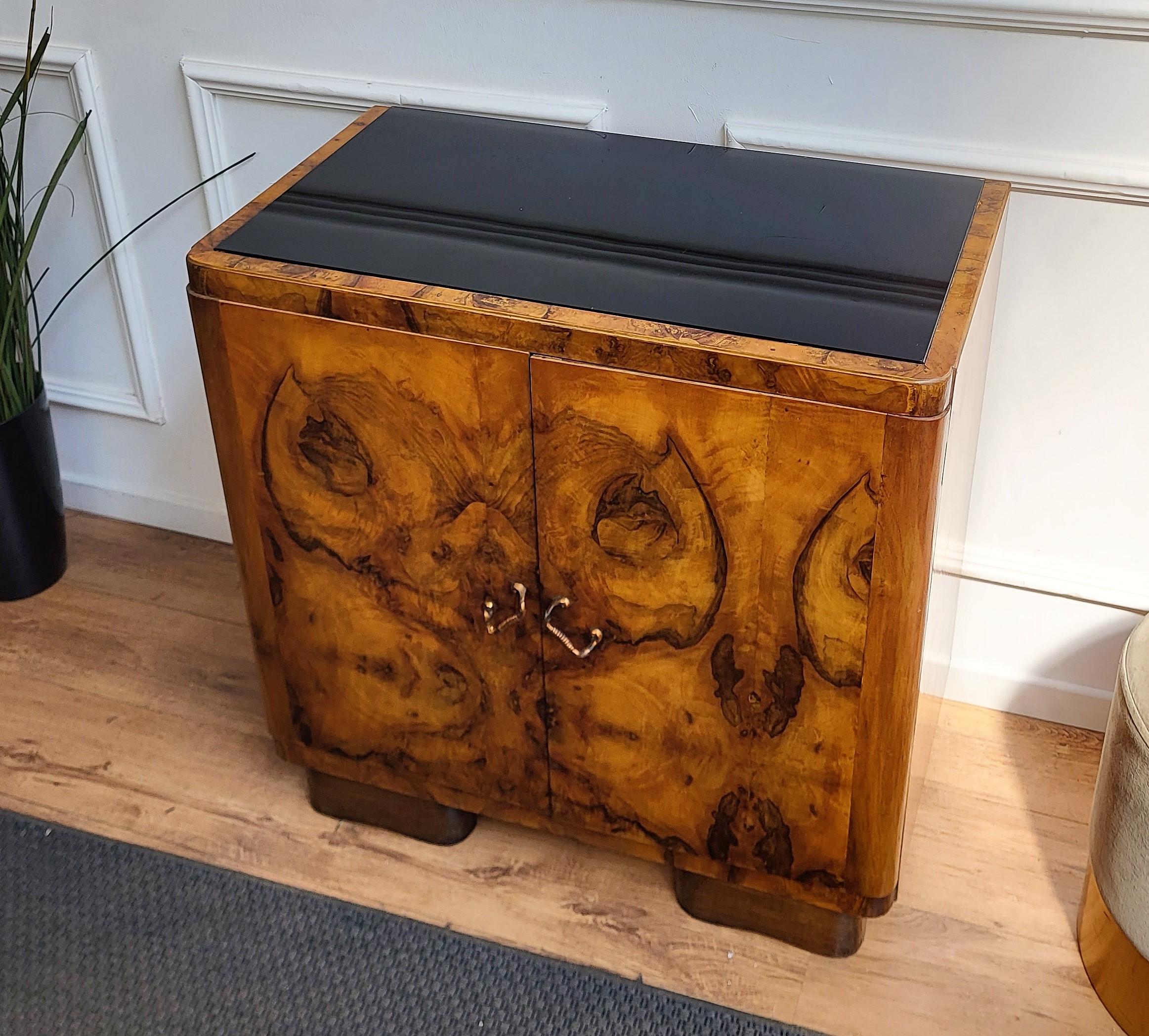 Brass 1960s Art Deco Midcentury Italian Burl Wood Mirror Glass Top Dry Bar Cabinet
