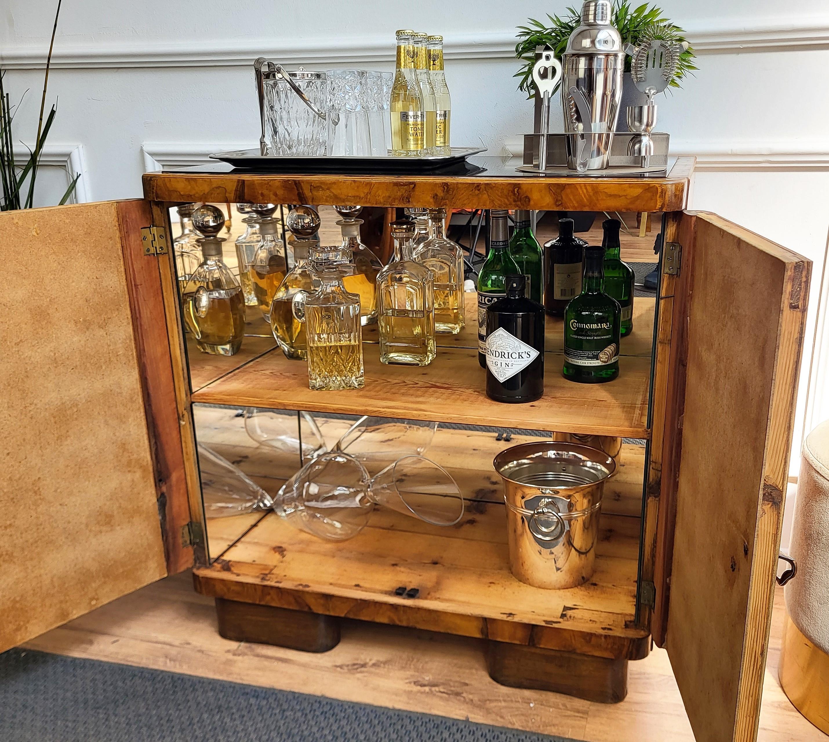 1960s Art Deco Midcentury Italian Burl Wood Mirror Glass Top Dry Bar Cabinet 1