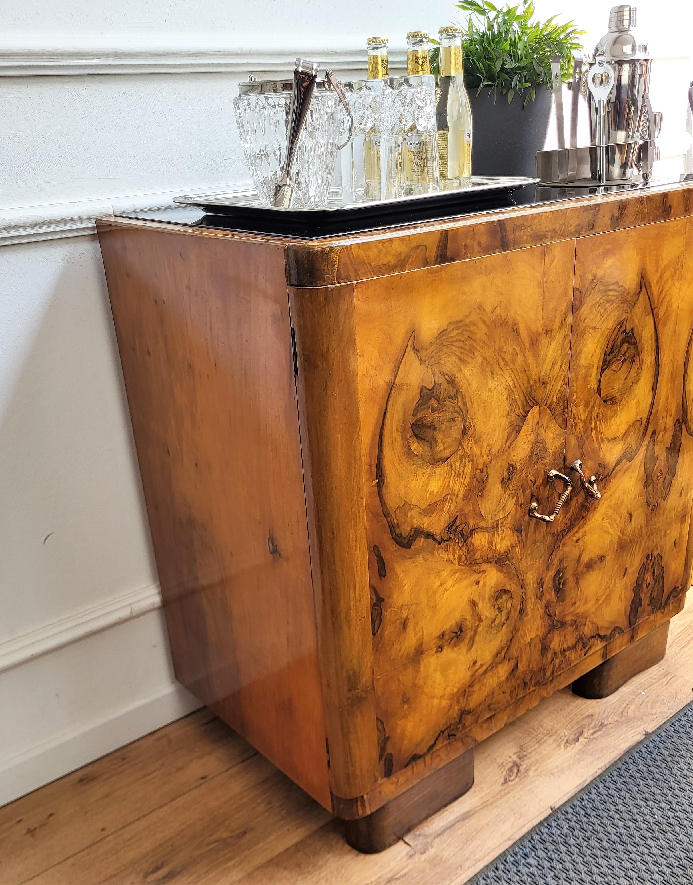1960s Art Deco Midcentury Italian Burl Wood Mirror Glass Top Dry Bar Cabinet 2