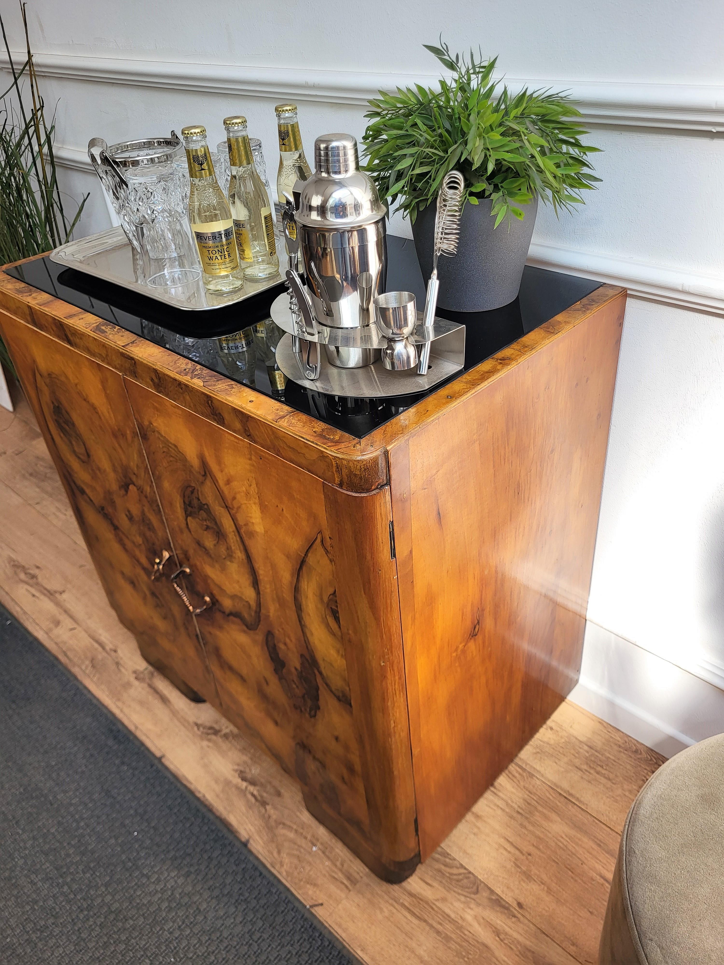 1960s Art Deco Midcentury Italian Burl Wood Mirror Glass Top Dry Bar Cabinet 3