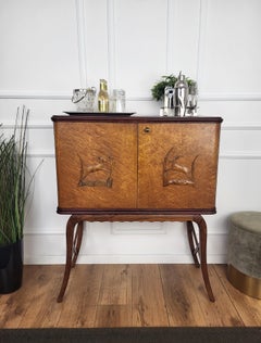 1960s Art Deco Mid-Century Italian Carved Wood Mirror Mosaic Dry Bar Cabinet