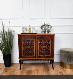 1960s Art Deco Mid-Century Italian Forest Wildlife Carved Wood Dry Bar Cabinet