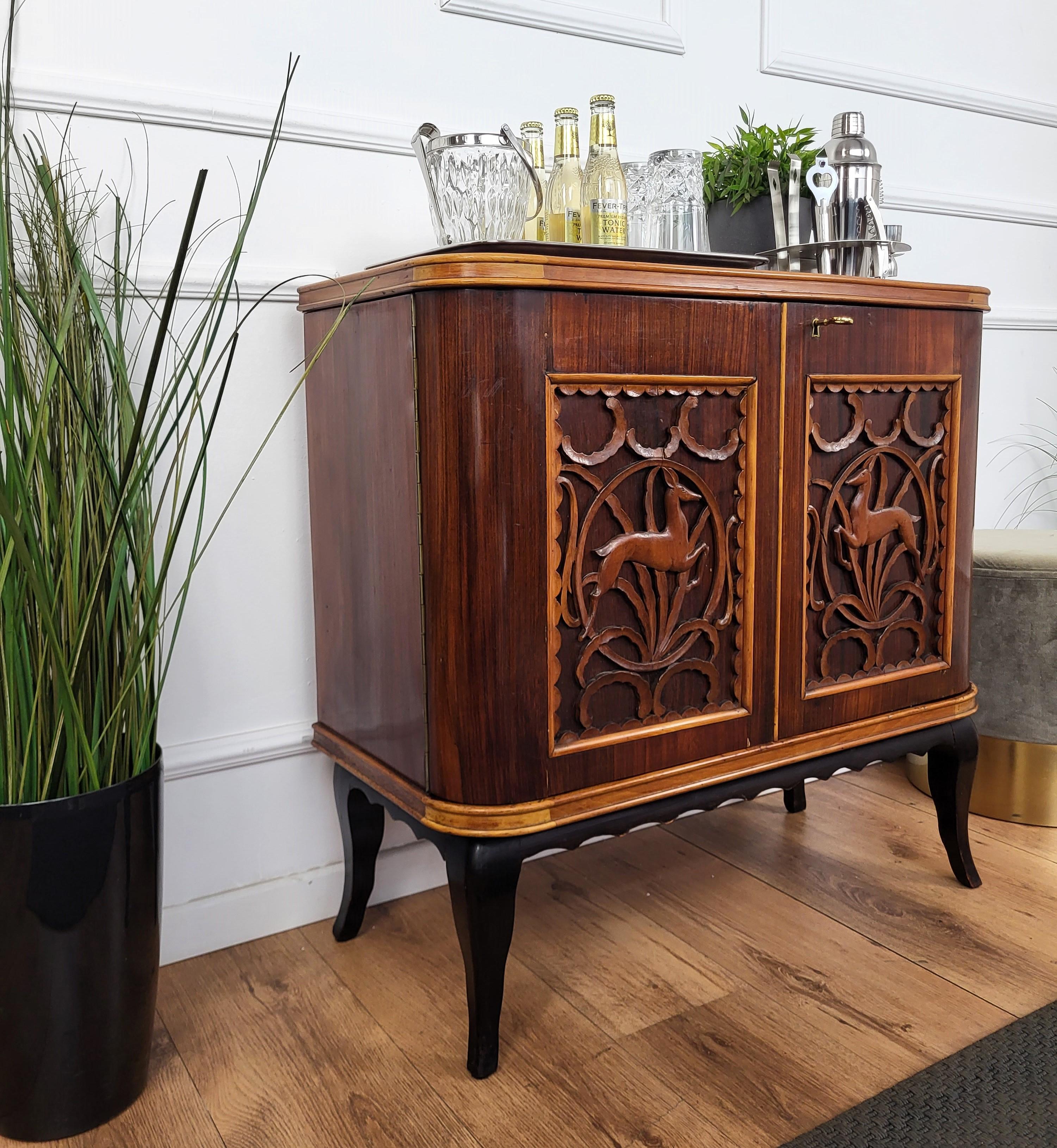 20th Century 1960s Art Deco Mid-Century Italian Forest Wildlife Carved Wood Dry Bar Cabinet For Sale