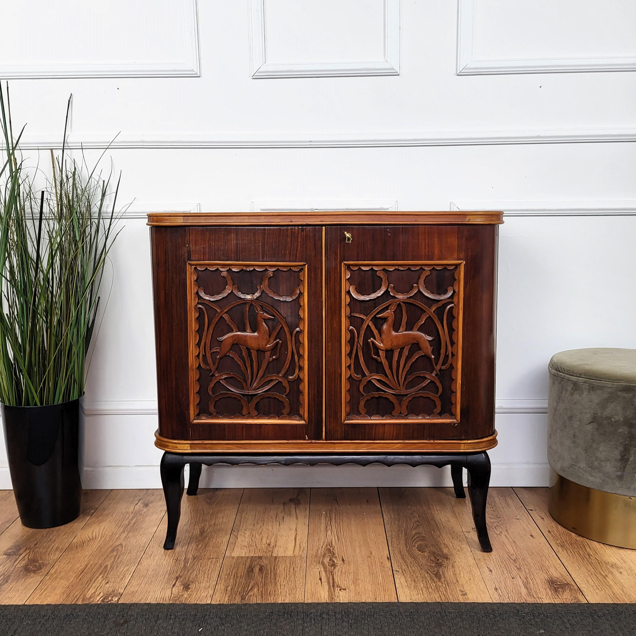 1960s Art Deco Mid-Century Italian Forest Wildlife Carved Wood Dry Bar Cabinet For Sale 2