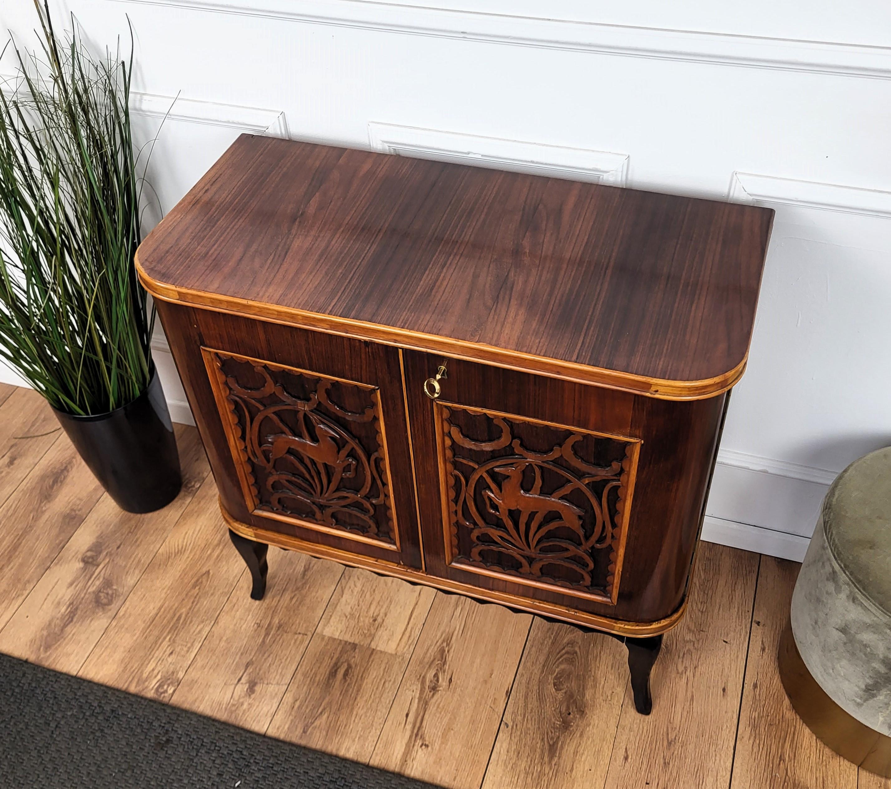 1960s Art Deco Mid-Century Italian Forest Wildlife Carved Wood Dry Bar Cabinet For Sale 3