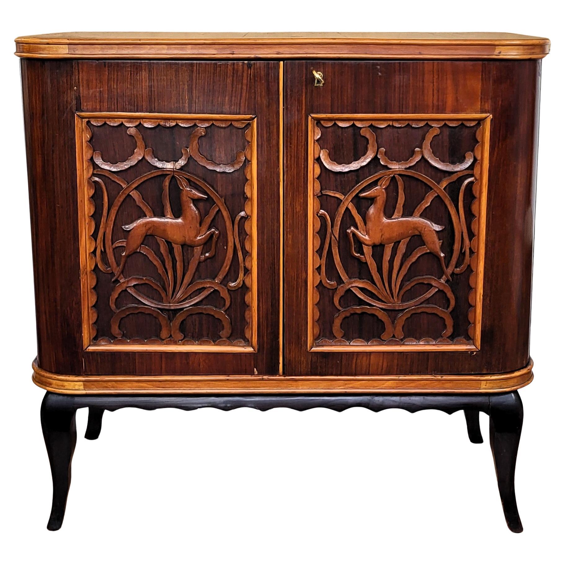 1960s Art Deco Mid-Century Italian Forest Wildlife Carved Wood Dry Bar Cabinet For Sale