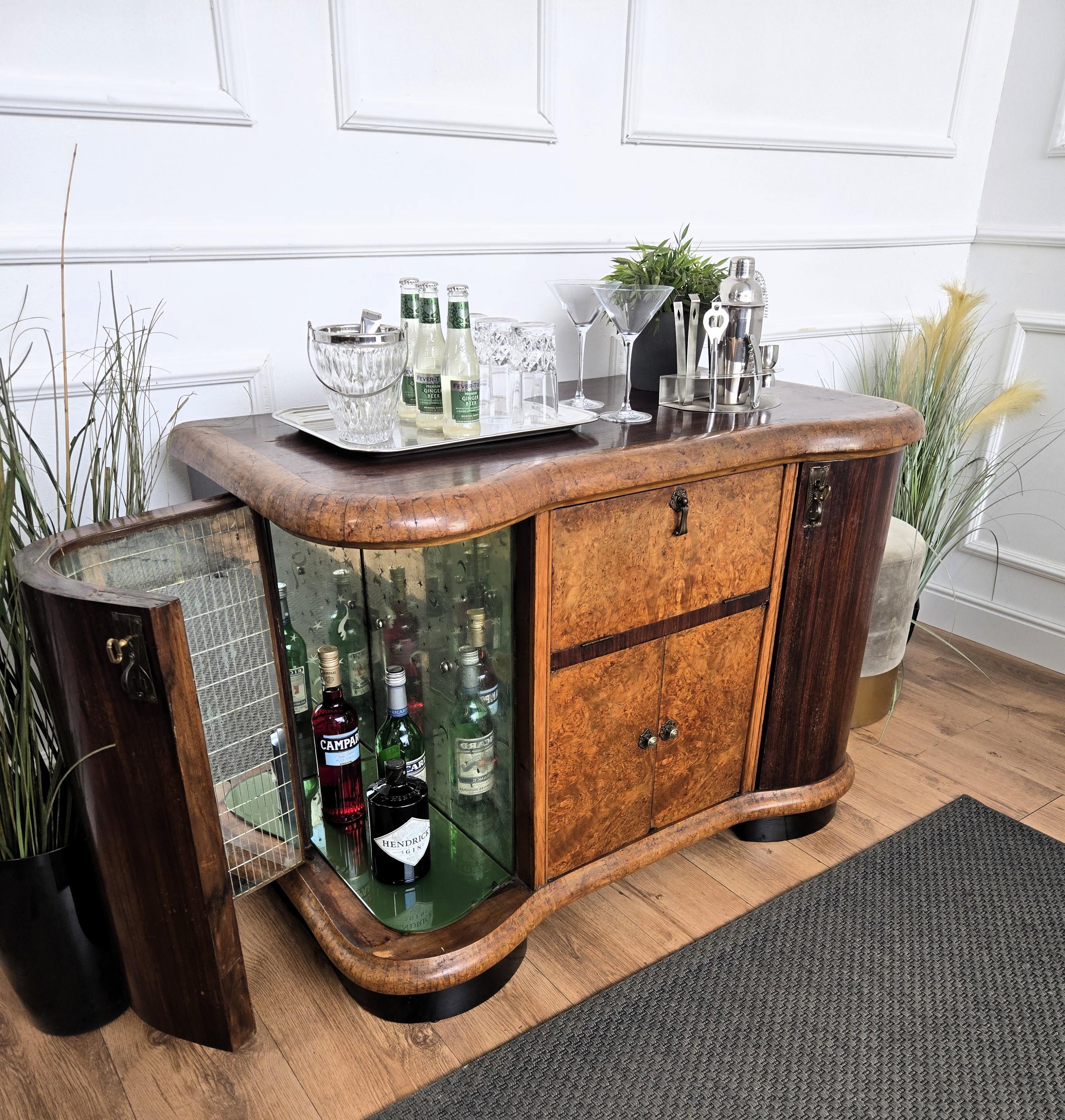 1960s Art Deco Mid-Century Italian Walnut Burl and Mirror Mosaic Dry Bar Cabinet Mosaico