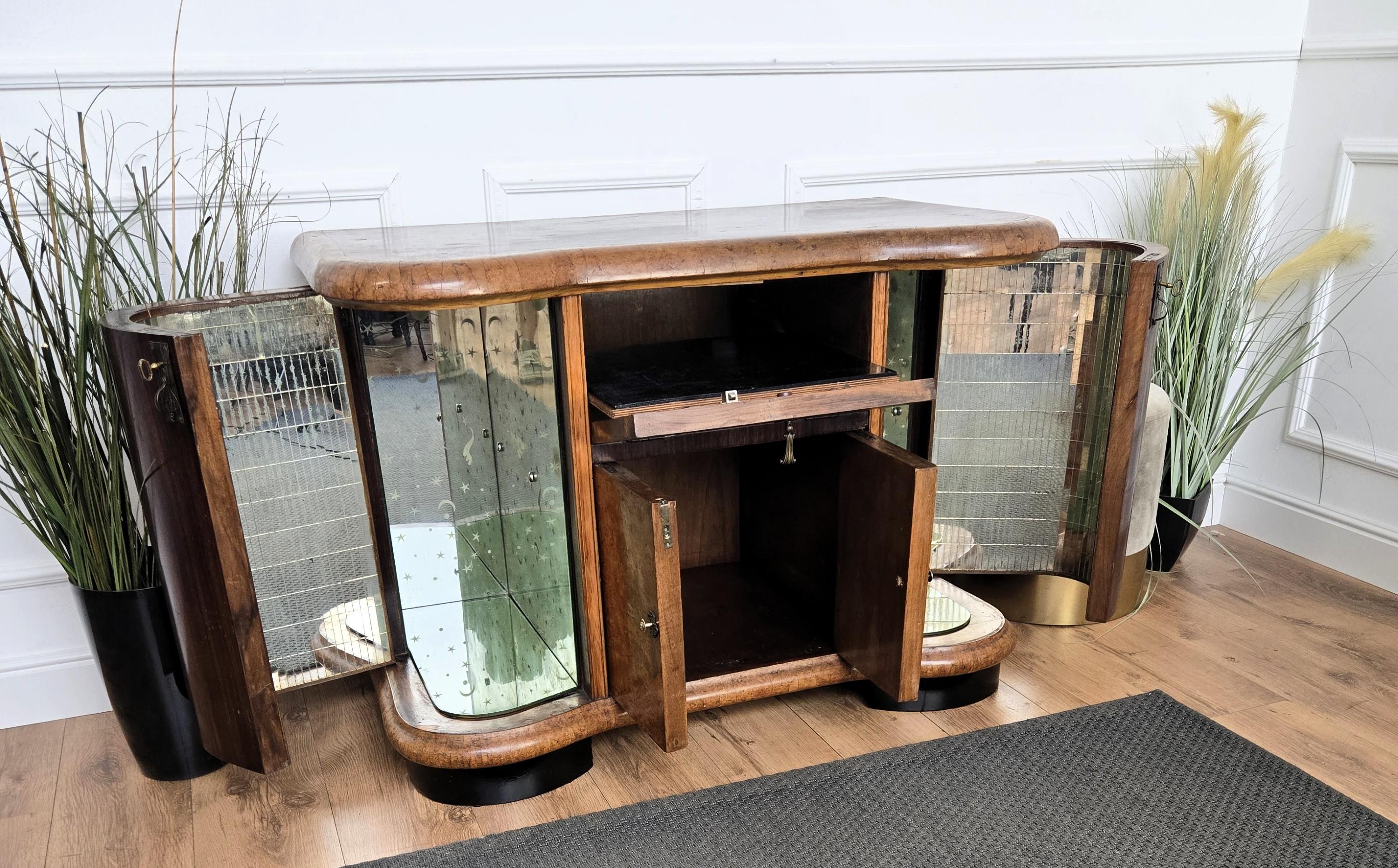1960s Art Deco Mid-Century Italian Walnut Burl and Mirror Mosaic Dry Bar Cabinet 1