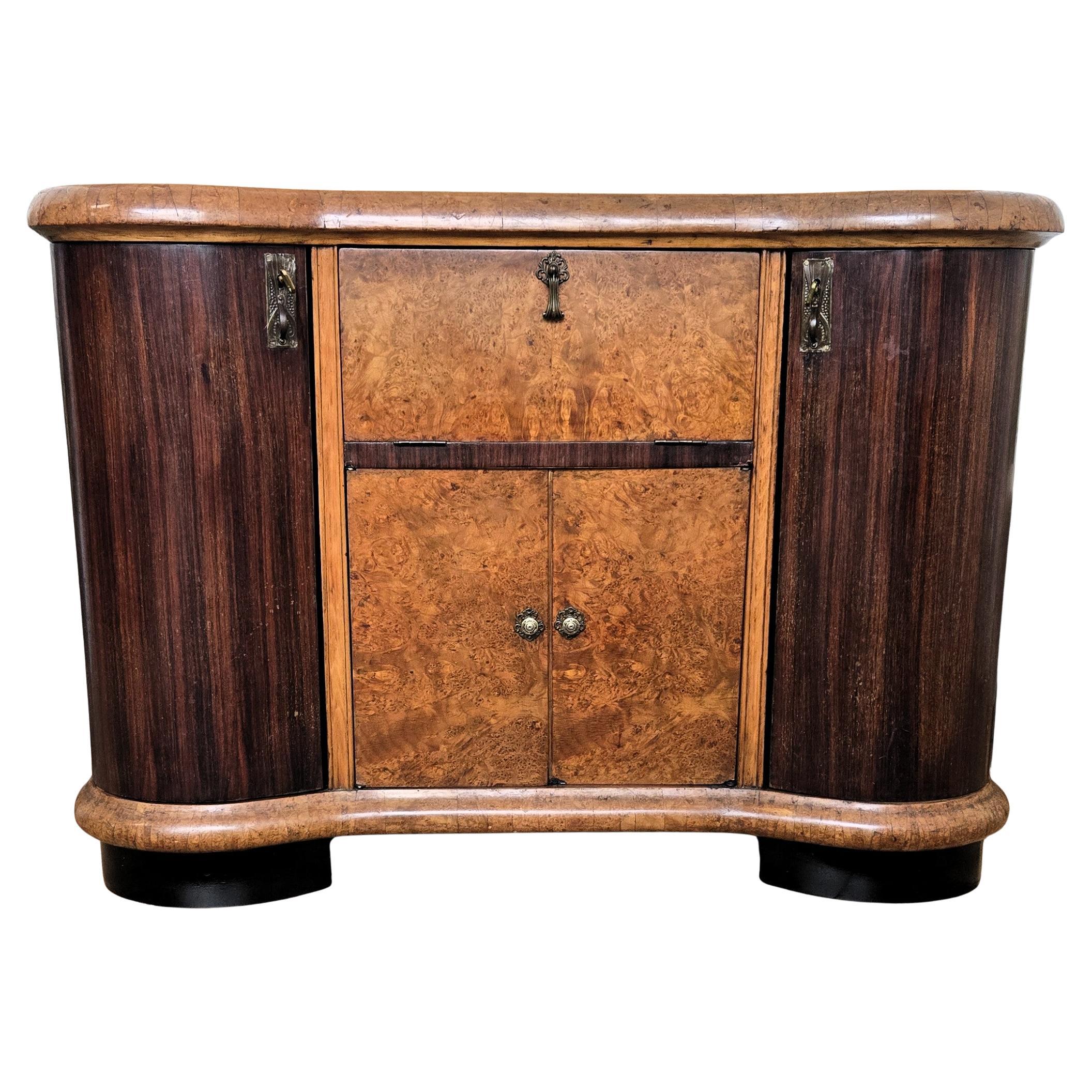 1960s Art Deco Mid-Century Italian Walnut Burl and Mirror Mosaic Dry Bar Cabinet