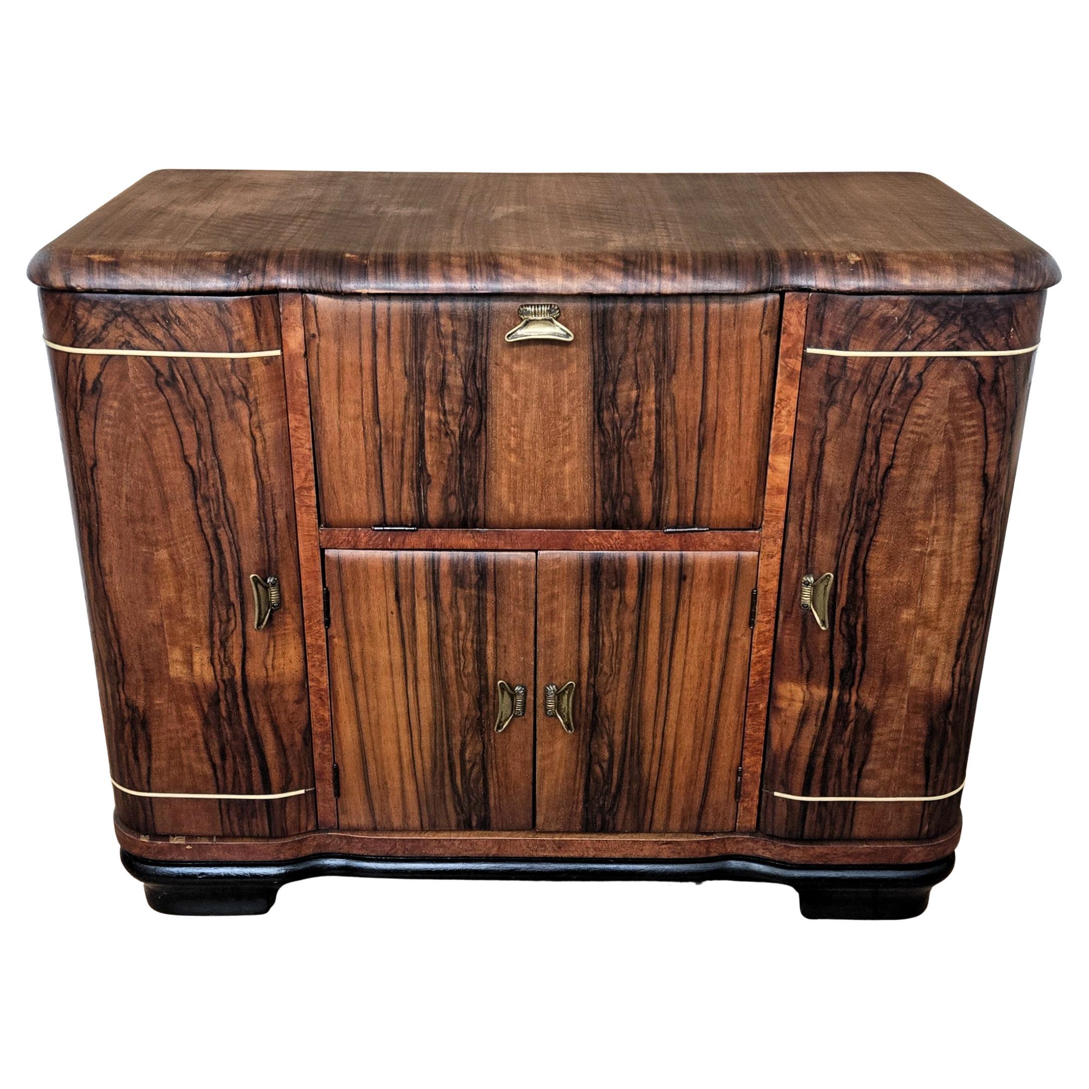 1960s Art Deco Mid-Century Italian Walnut Burl and Mirror Mosaic Dry Bar Cabinet