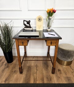 1960s Art Deco Mid-Century Italian Walnut Glass Top Writing Desk Table