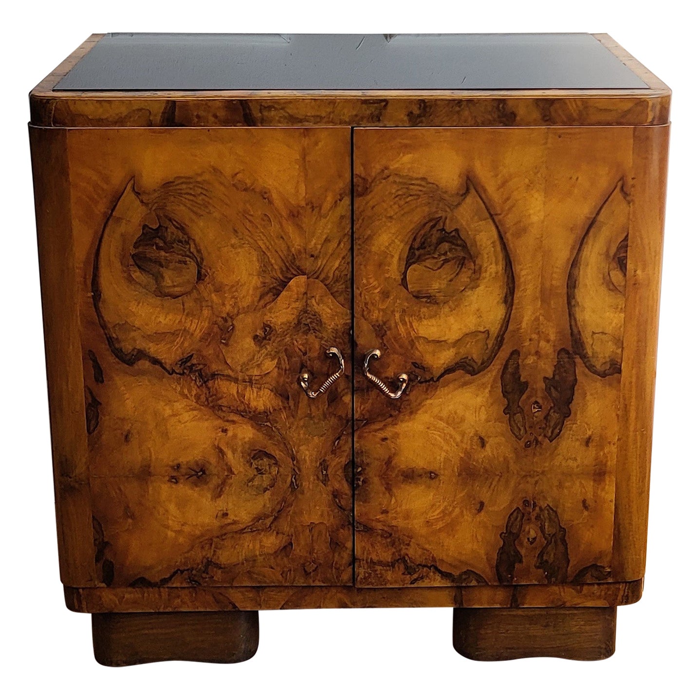 1960s Art Deco Midcentury Italian Burl Wood Mirror Glass Top Dry Bar Cabinet