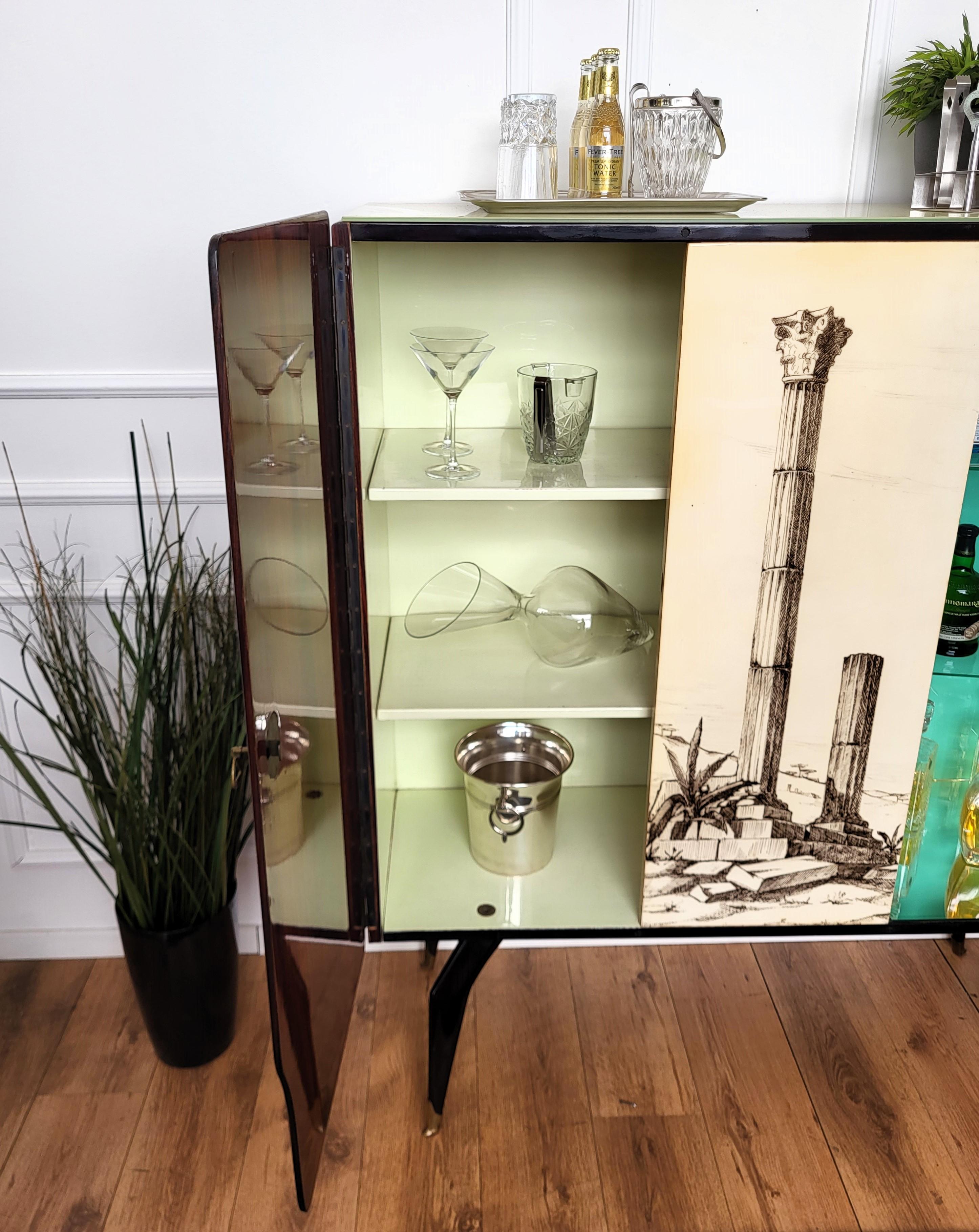 1960s Art Deco Midcentury Italian Tall Wood Brass Decorated Dry Bar Cabinet For Sale 1