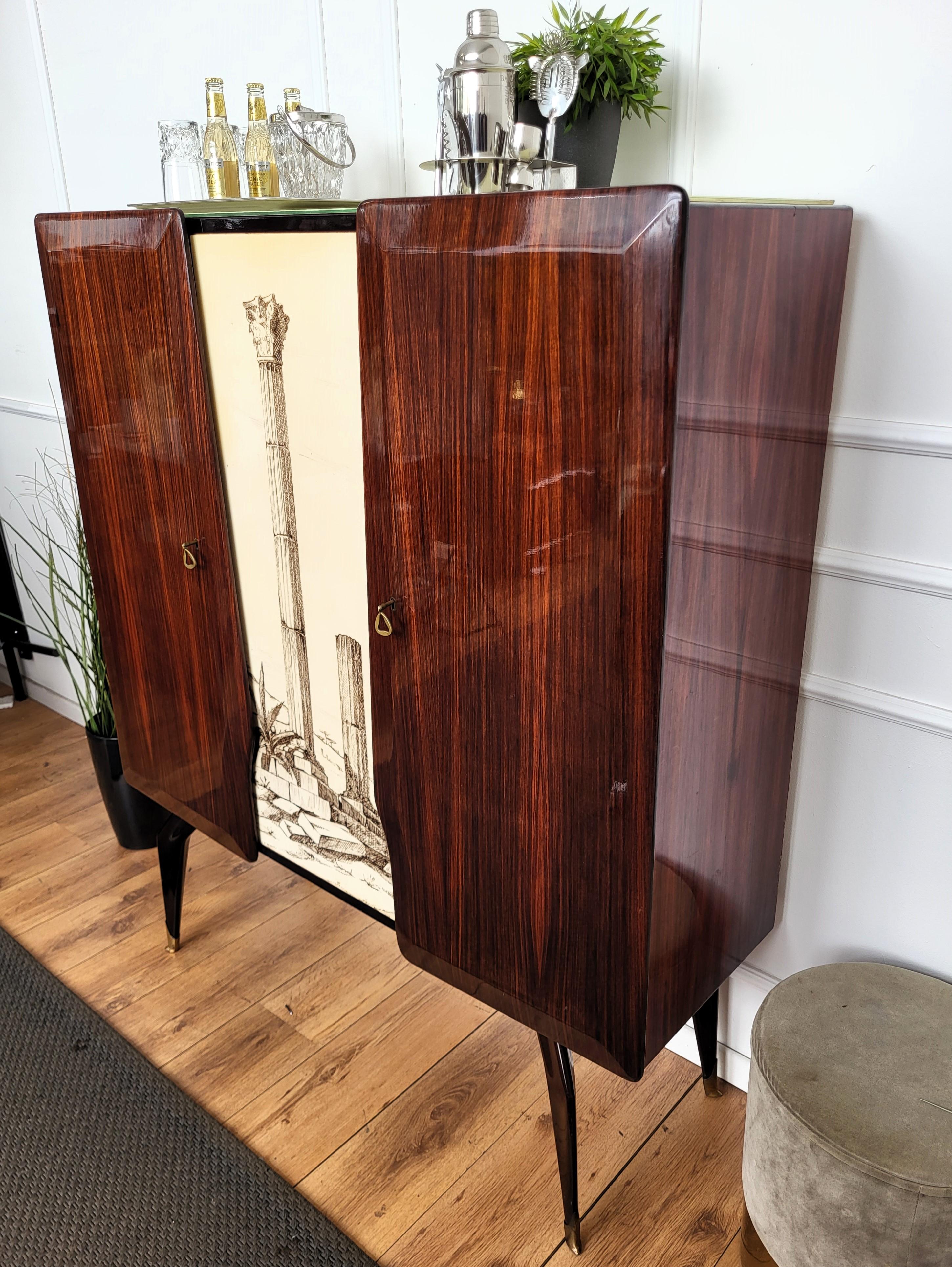 Laiton 1960s Art Deco Midcentury Italian Tall Wood Decorated Brass Dry Bar Cabinet en vente