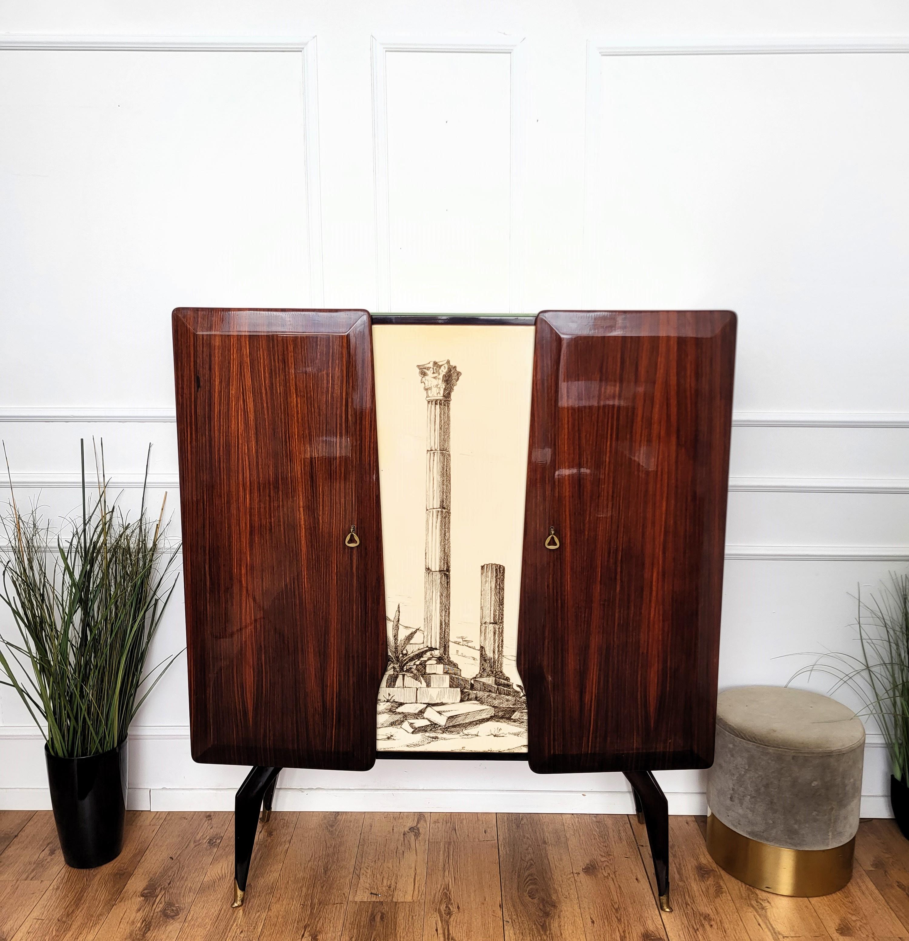 1960s Art Deco Midcentury Italian Tall Wood Brass Decorated Dry Bar Cabinet For Sale 5
