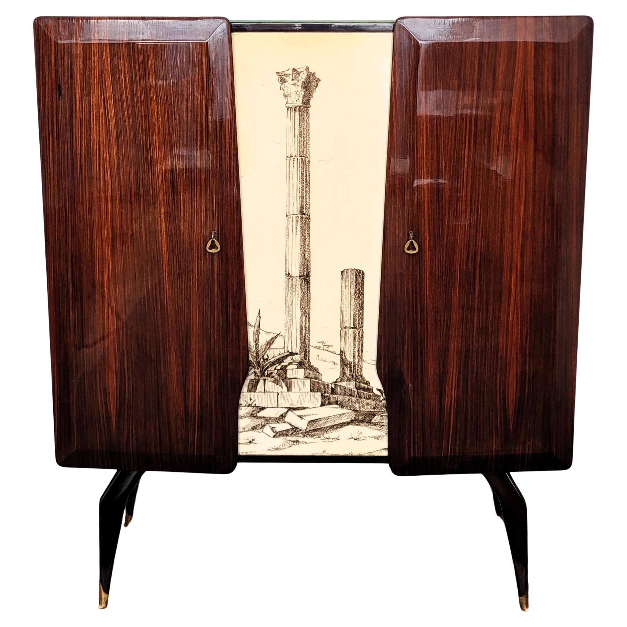 1960s Art Deco Midcentury Italian Tall Wood Brass Decorated Dry Bar Cabinet