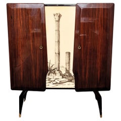 Vintage 1960s Art Deco Midcentury Italian Tall Wood Brass Decorated Dry Bar Cabinet