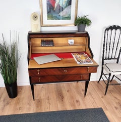 1960s Art Deco Midcentury Italian Walnut Burl and Roll Top Desk Writing Table