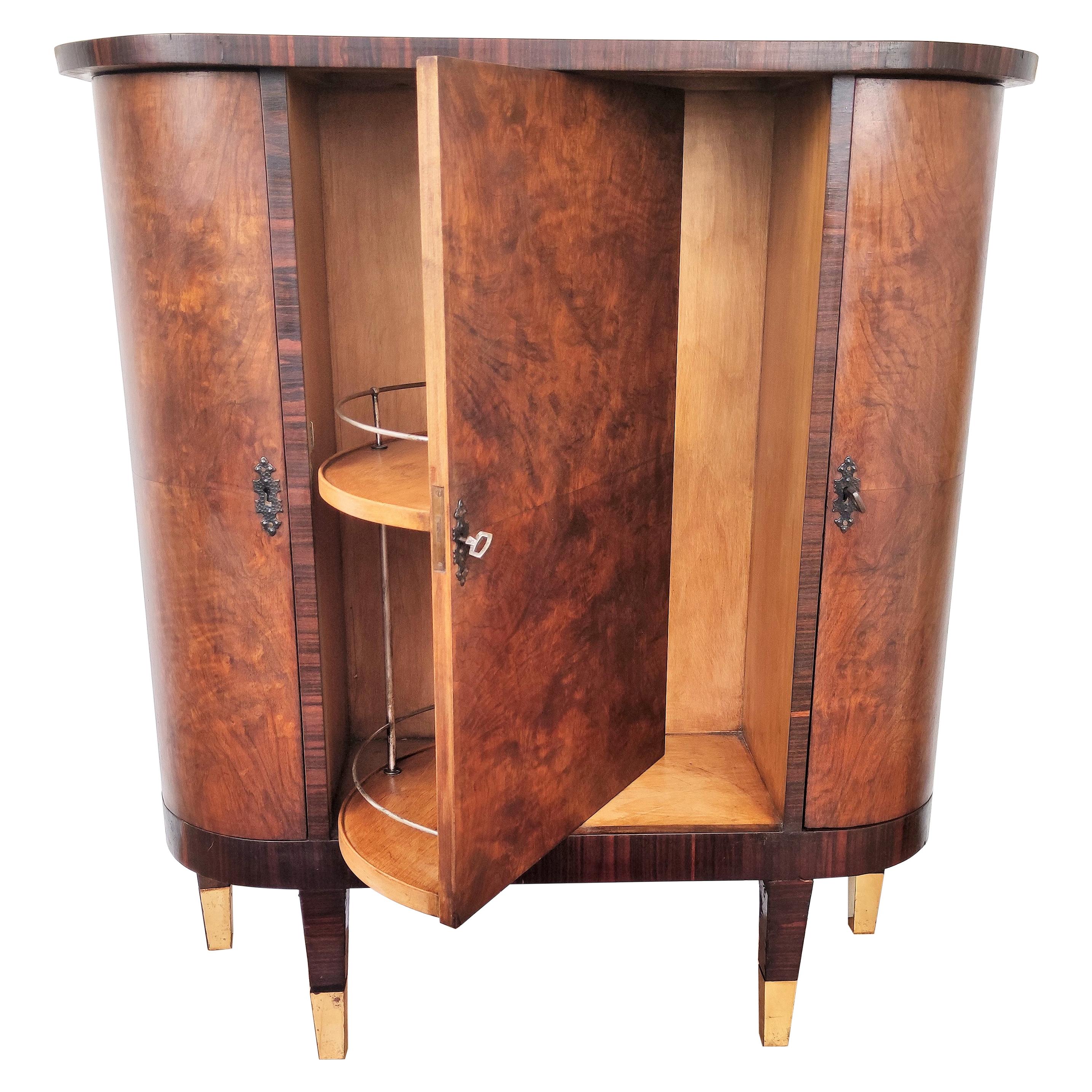 1960s Art Deco Midcentury Italian Walnut Burl and Turning Door Dry Bar Cabinet