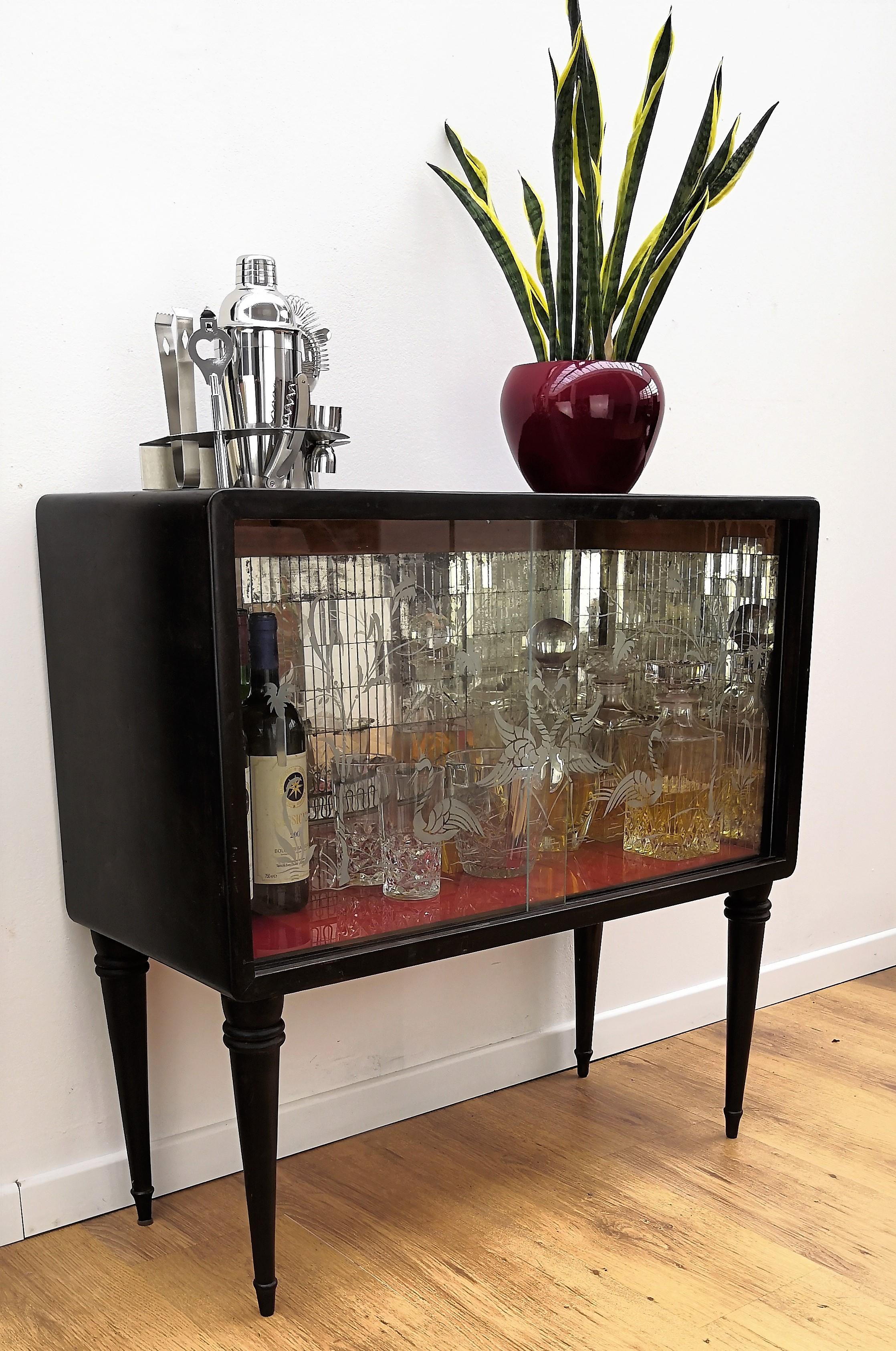 Glass 1960s Art Deco Midcentury Regency Italian Wood and Mirror Mosaic Dry Bar Cabinet