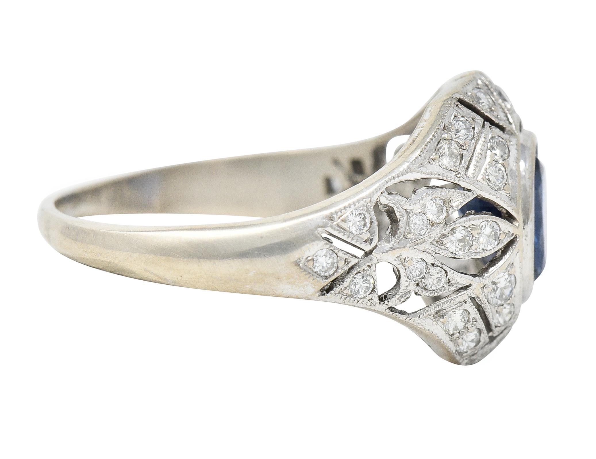 Round Cut 1960s Art Deco Revival 1.72 Carats Sapphire Diamond 14 Karat White Gold Ring