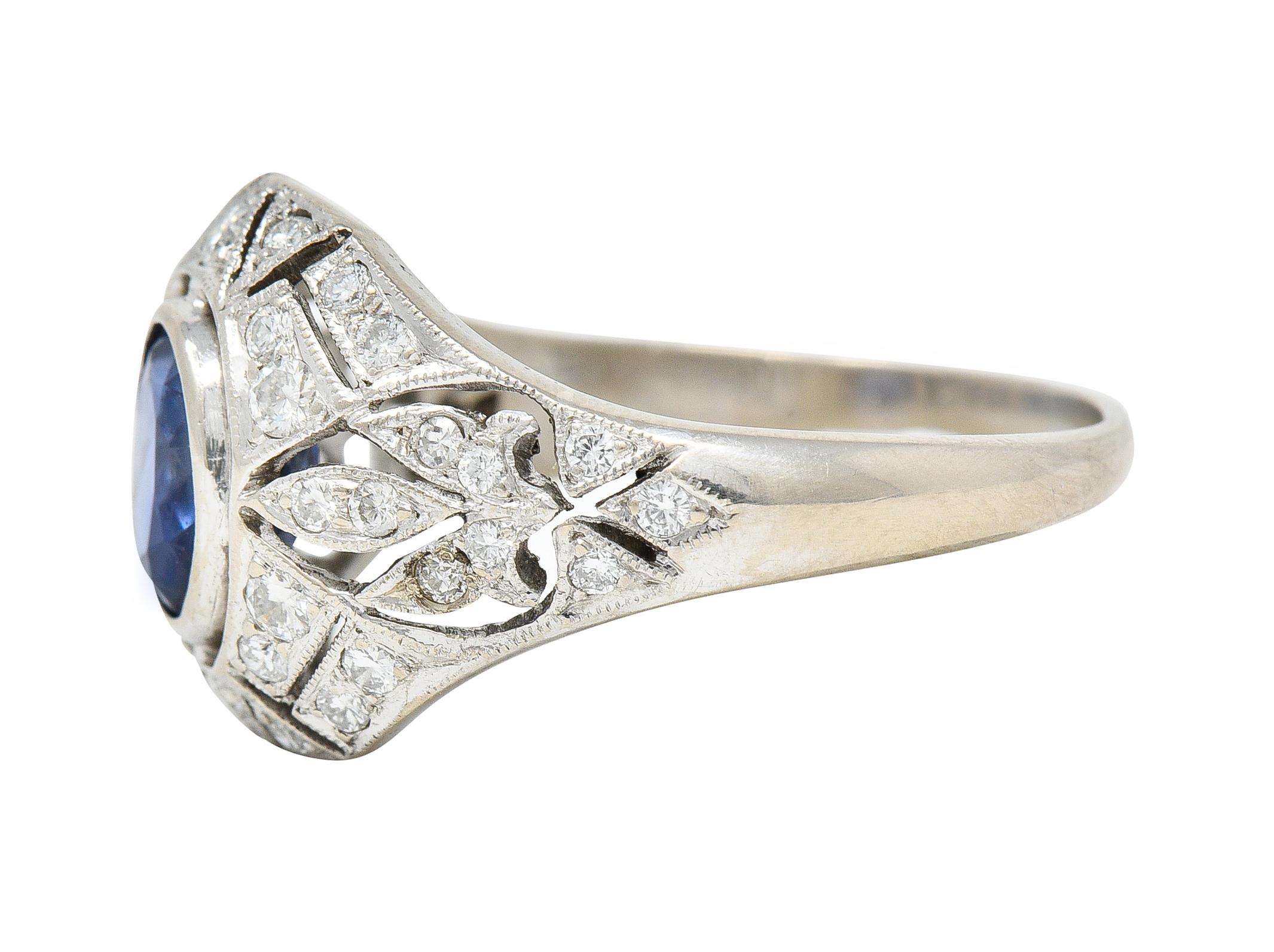 Women's or Men's 1960s Art Deco Revival 1.72 Carats Sapphire Diamond 14 Karat White Gold Ring