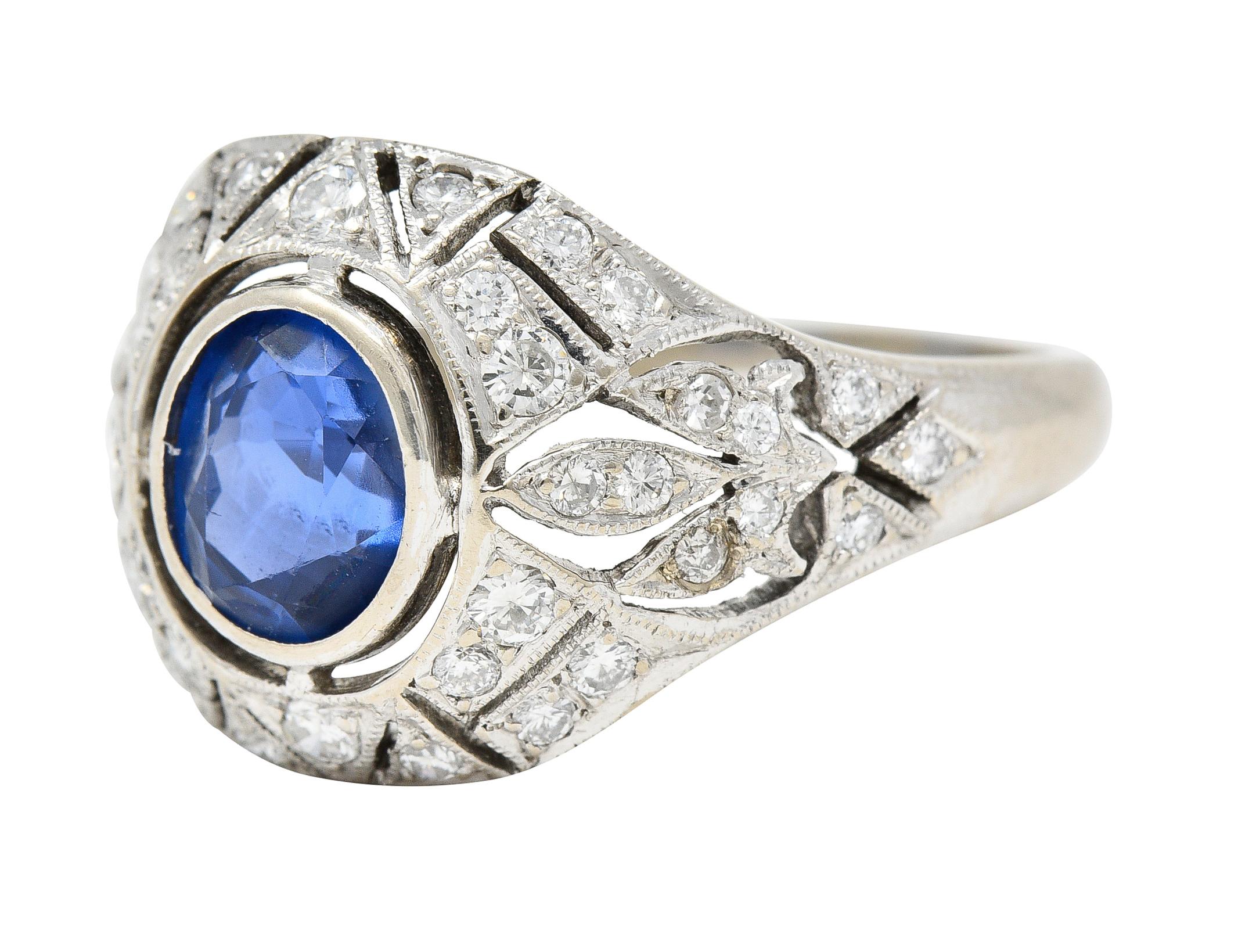 1960s Art Deco Revival 1.72 Carats Sapphire Diamond 14 Karat White Gold Ring 1
