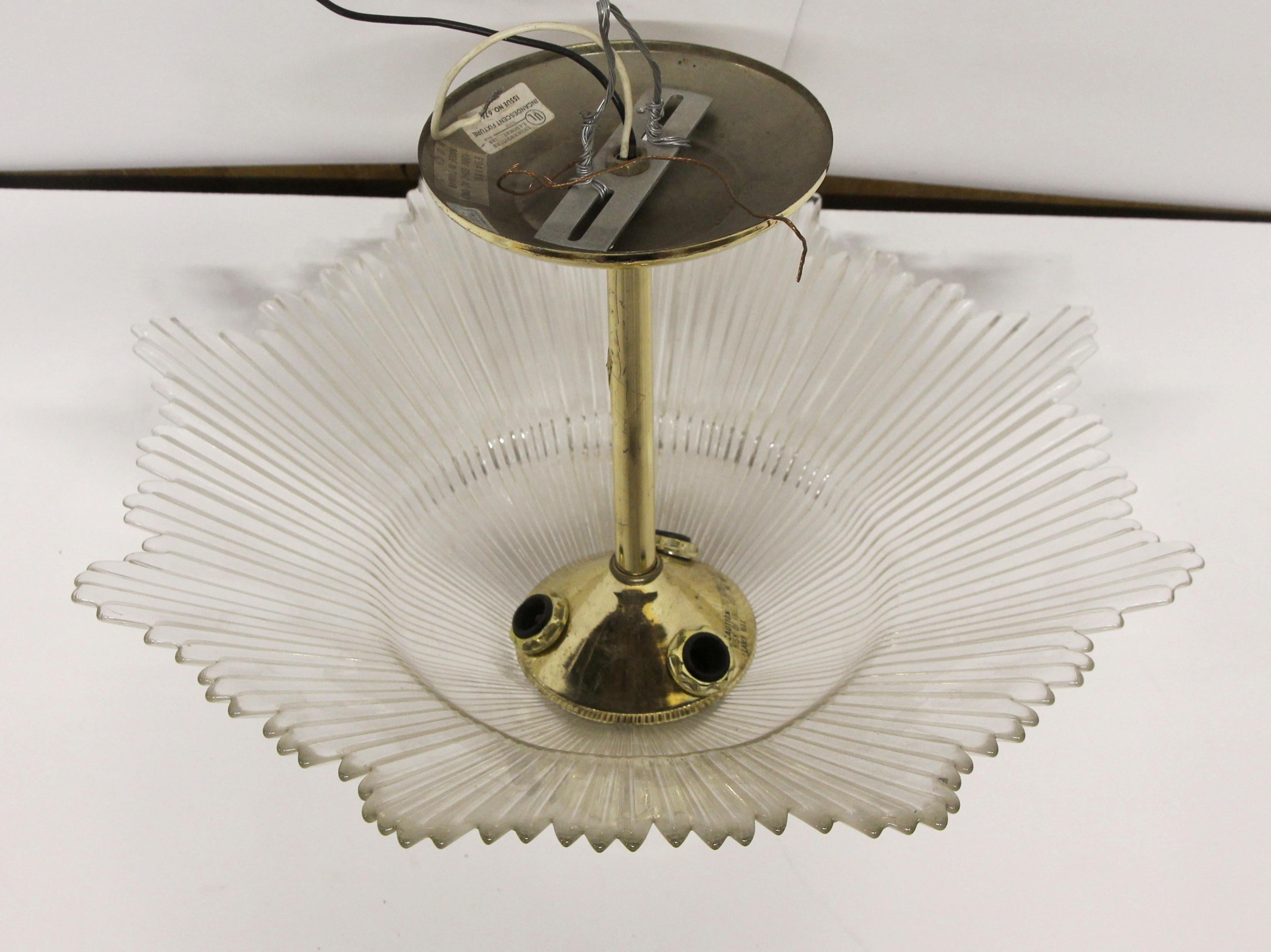American 1960s Art Deco Semi Flush Crystal Star Burst Pendant Light with Brass Hardware