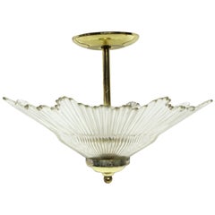 1960s Art Deco Semi Flush Crystal Star Burst Pendant Light with Brass Hardware