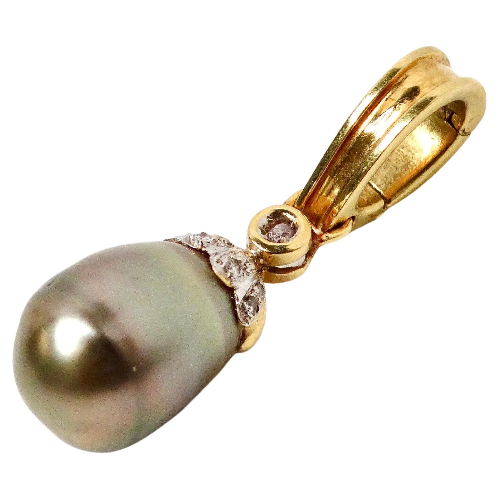 Ciondolo in oro giallo massiccio 18 carati con diamanti, stile Art Deco 1960, perla di Tahiti