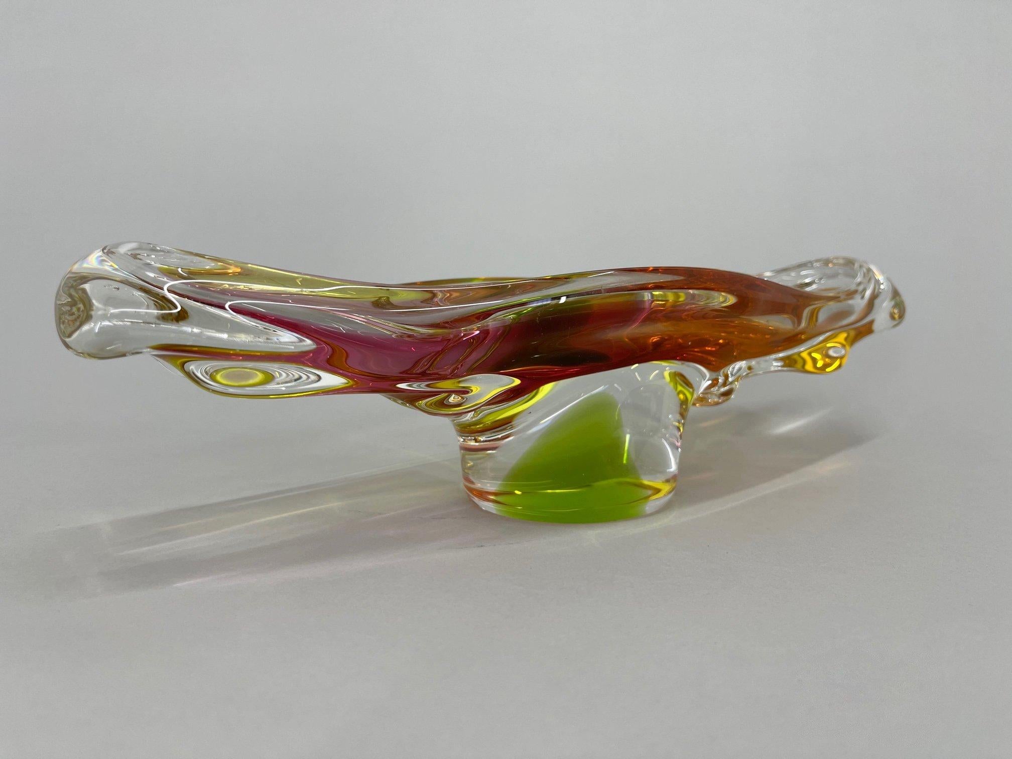Bohemian Art glass vintage oblong bowl designed by Josef Hospodka in the 1960's. Made by Chribska Glassworks in Czechoslovakia.