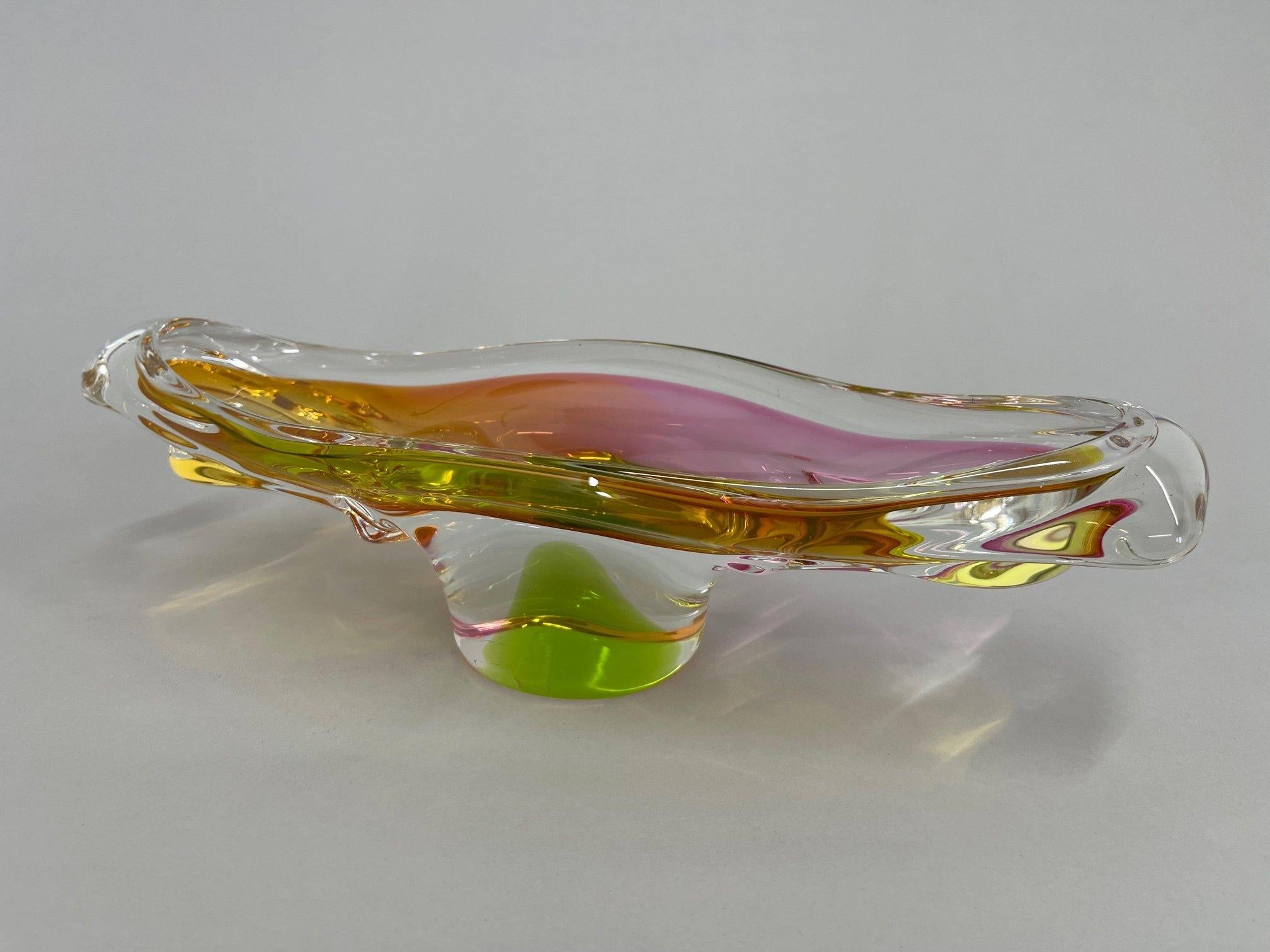 Mid-Century Modern 1960's, Art Glass Oblong Bowl by Josef Hospodka, Czechoslovakia For Sale