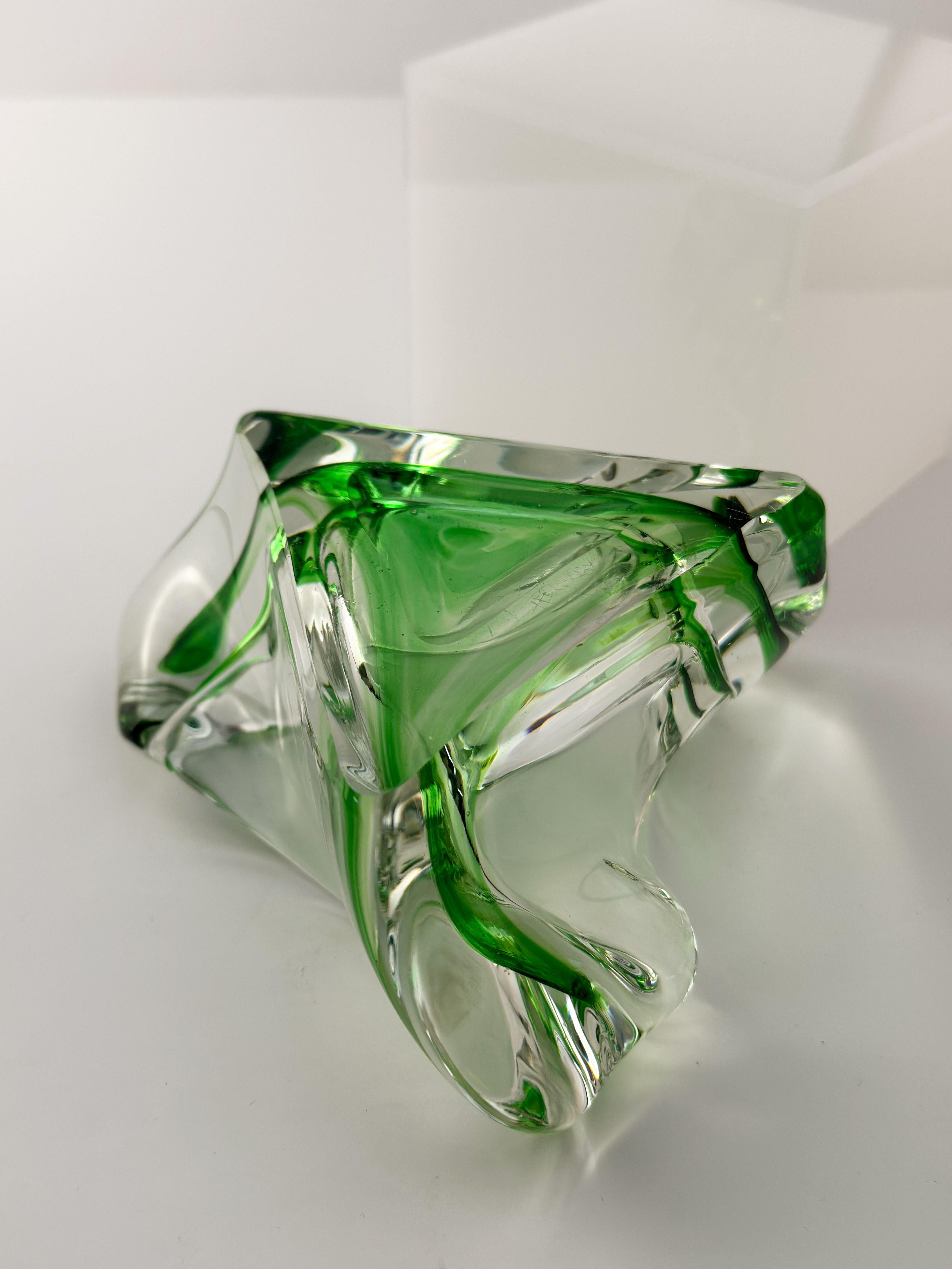 1960s Art Glass, Triangular Dish, Green, Max Verboeket Kristalunie Maastricht For Sale 1