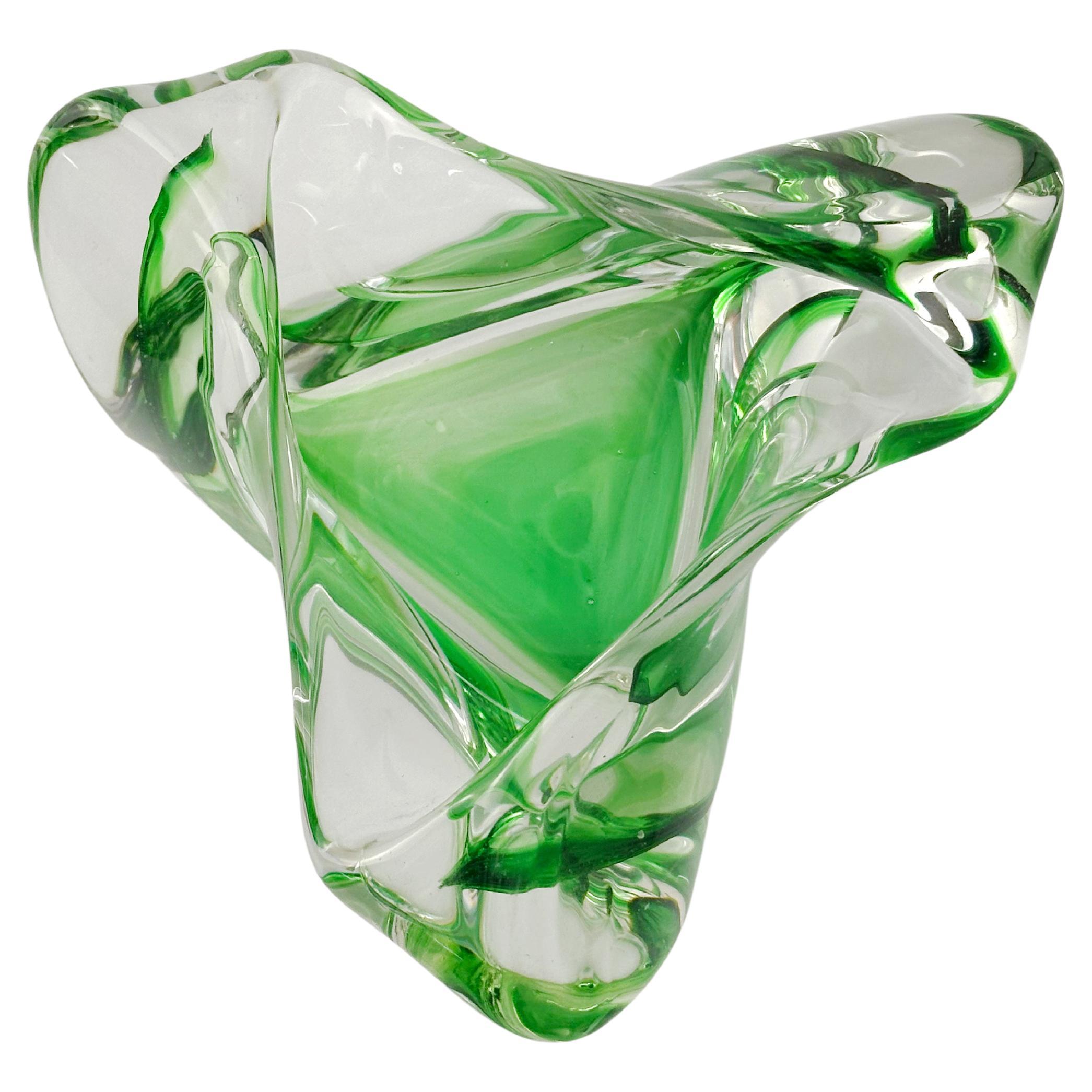 1960s Art Glass, Triangular Dish, Green, Max Verboeket Kristalunie Maastricht