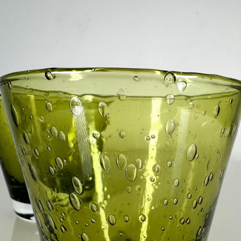 1960s Art Glass Two Green High Ball Glasses Cocktail Drinkware Style