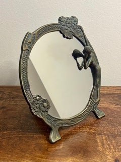 1960s Art Nouveau Revival Figural Vanity Mirror with Leather Easel Back