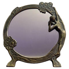 1960s Art Nouveau Revival Figural Vanity Mirror with Leather Easel Back