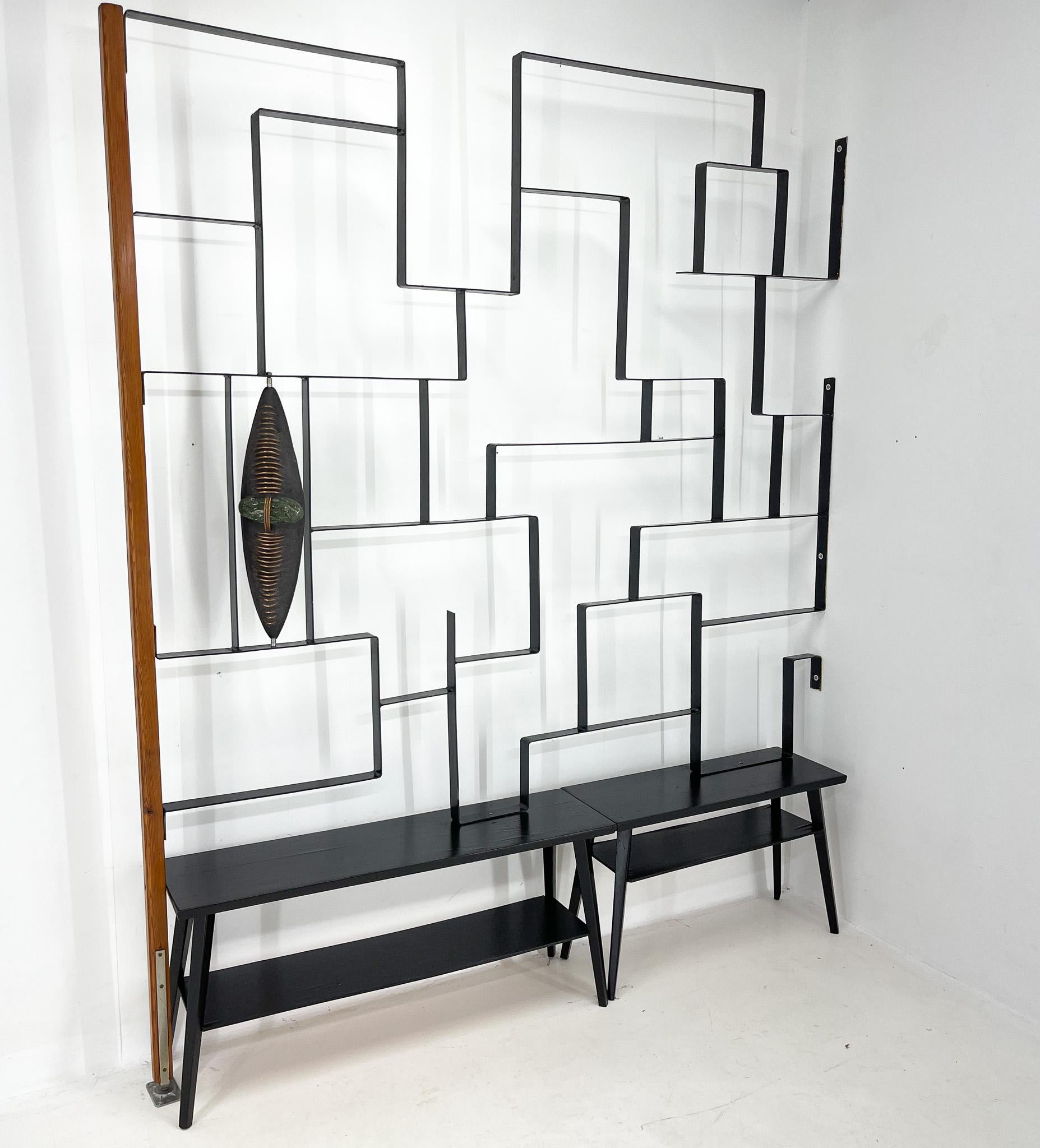 Unique mid-century artistic wall unit or room divider made of metal with two wooden benches and sculpture by Jelínek (signed).