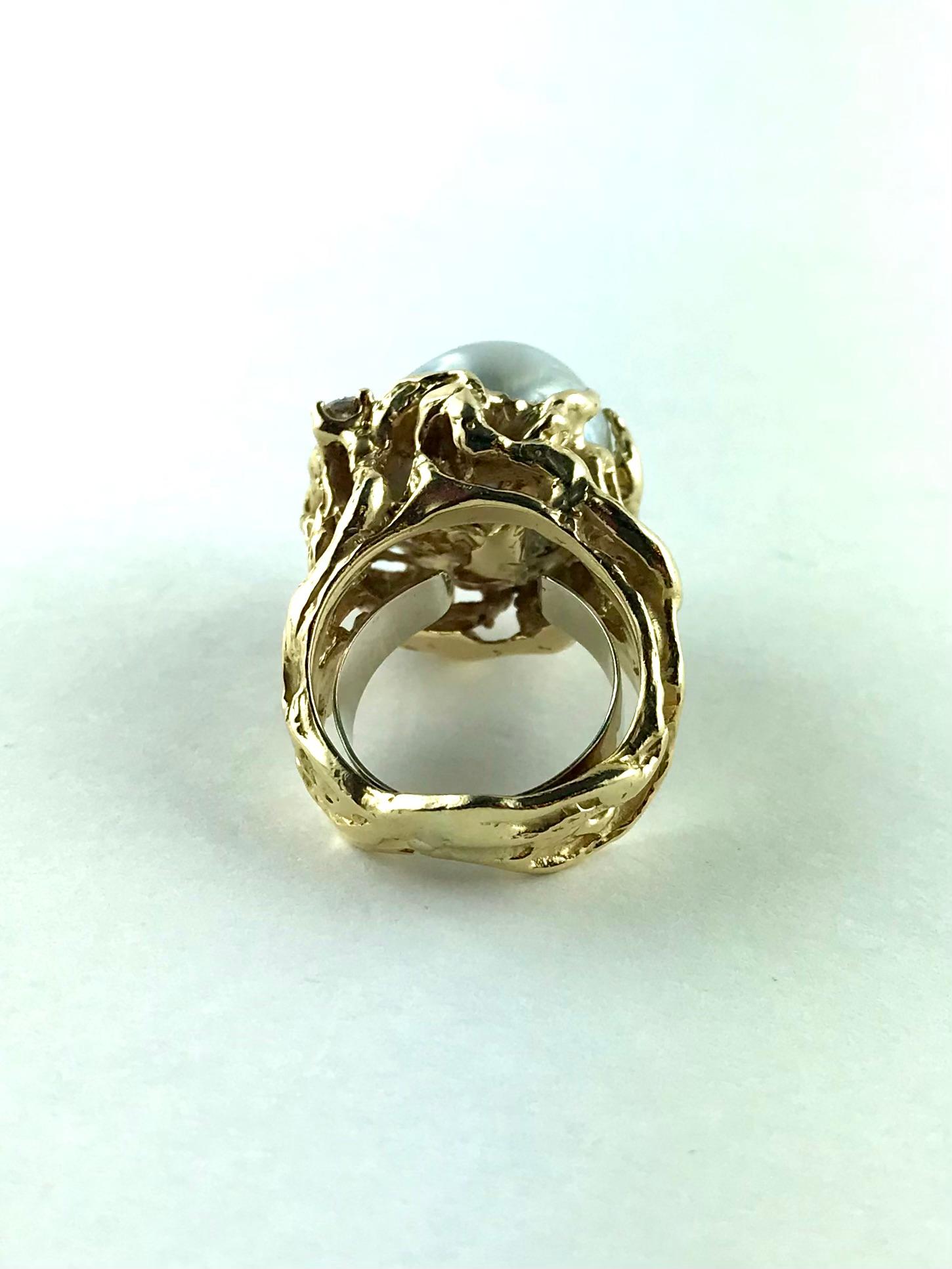 Women's 1960s Arthur King South Sea Pearl, Diamond and Gold Cocktail Ring For Sale