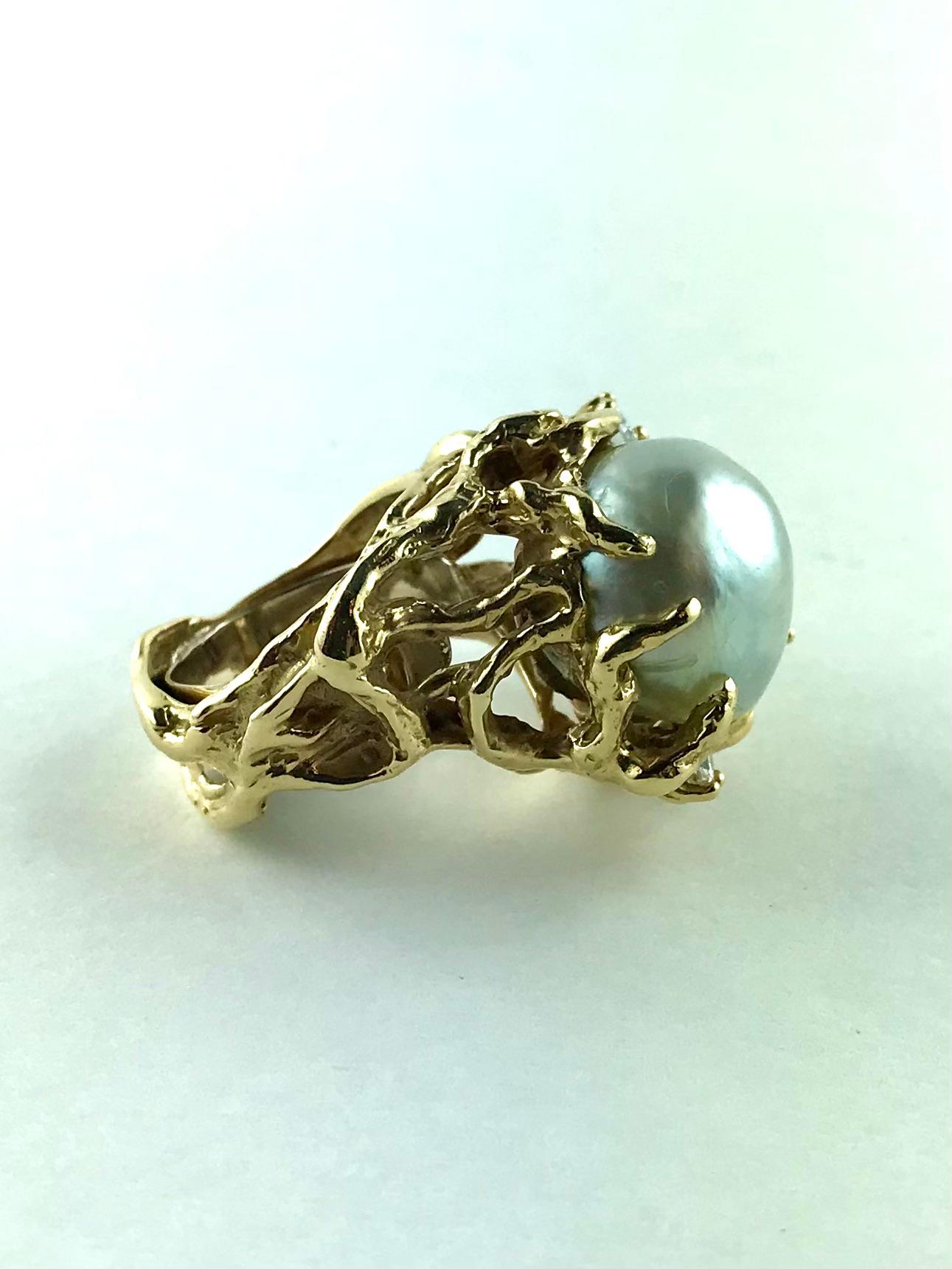 1960s Arthur King South Sea Pearl, Diamond and Gold Cocktail Ring For Sale 1